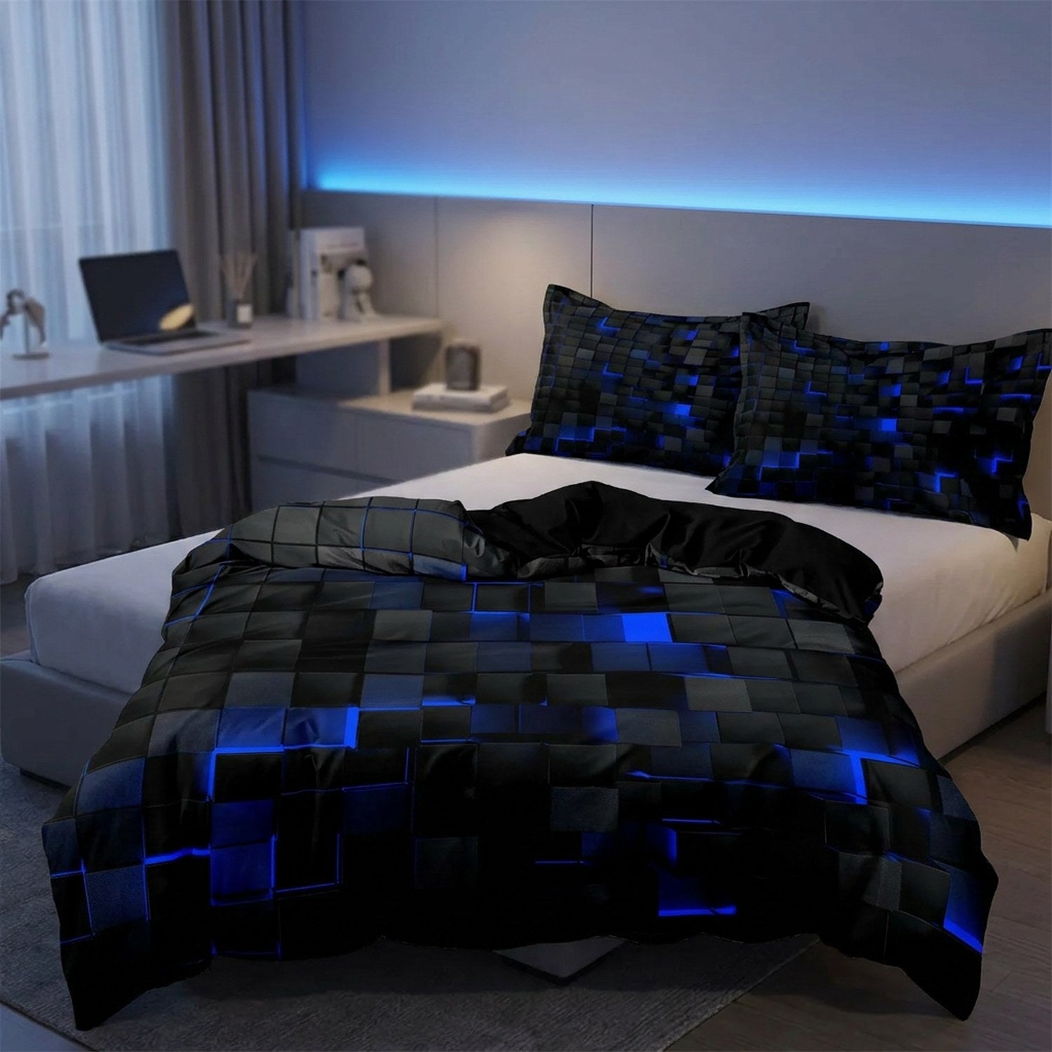 Parure de lit cubes 3D bleus sur un lit dans une chambre ado avec éclairage LED
