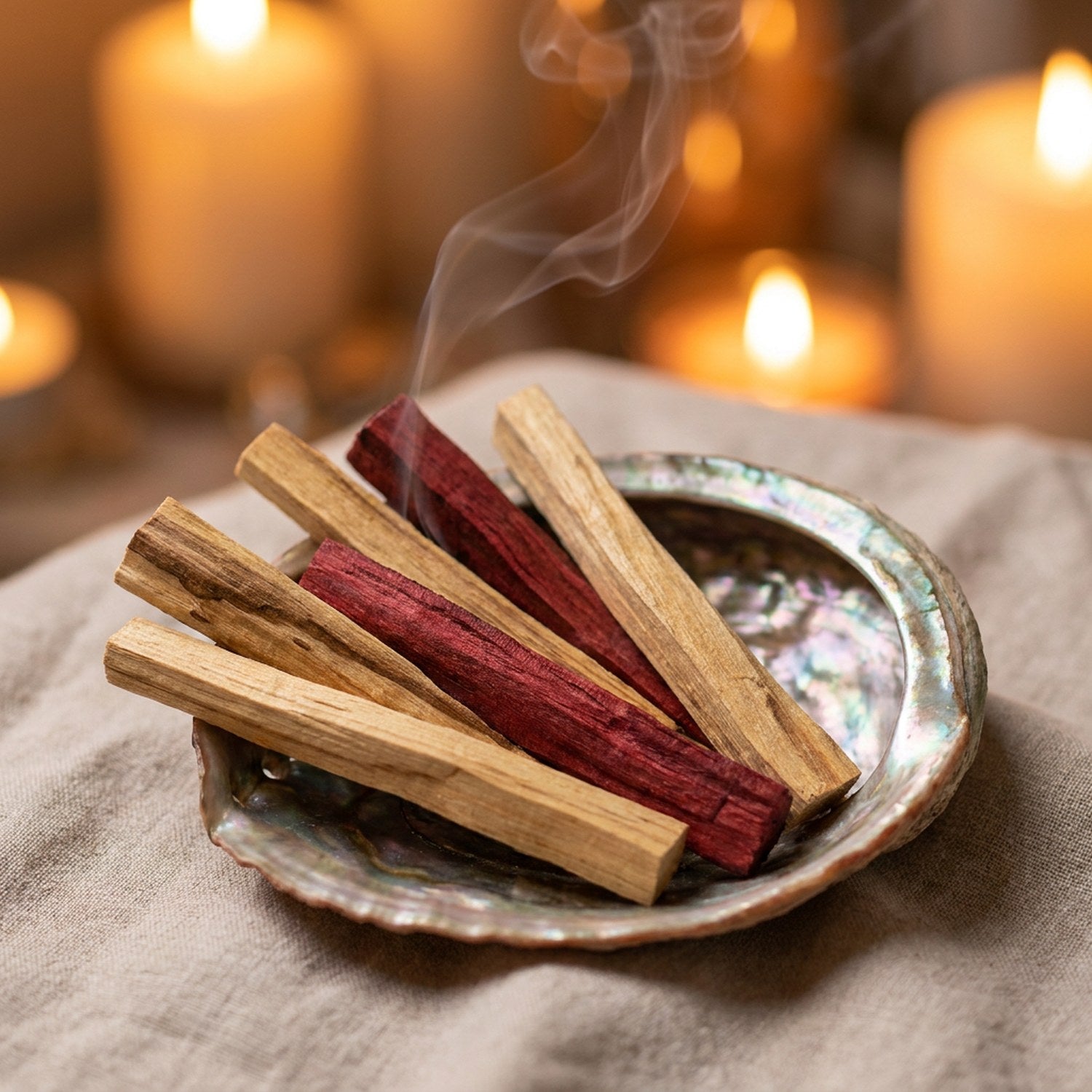 Bâtonnets de Palo Santo et de sang de dragon dans un coquillage nacré entouré de bougies