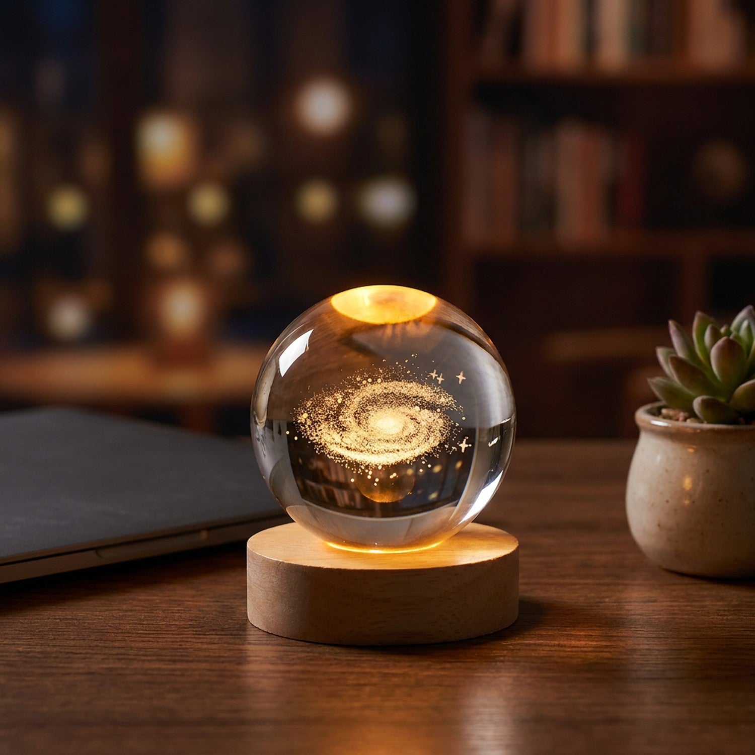Lampe boule de cristal galaxie allumée sur un bureau la nuit
