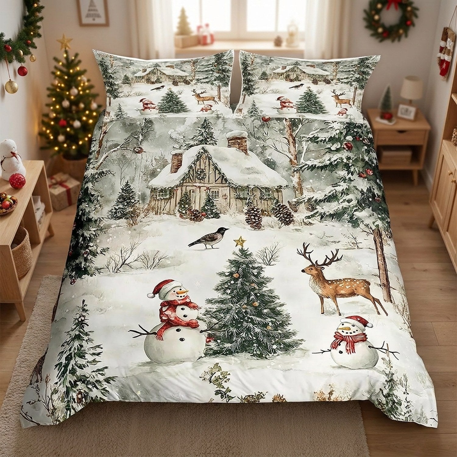 Parure de lit de Noël dans une chambre enfant avec petit sapin lumineux