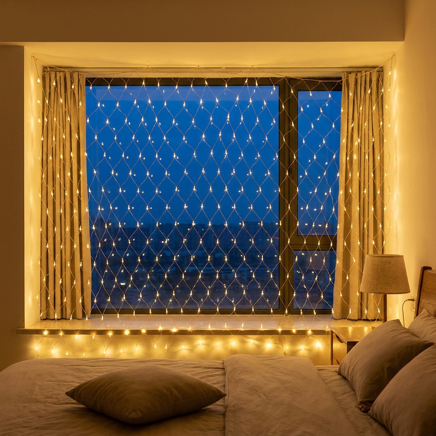 Rideau lumineux LED chaud derrière un lit dans une chambre cosy