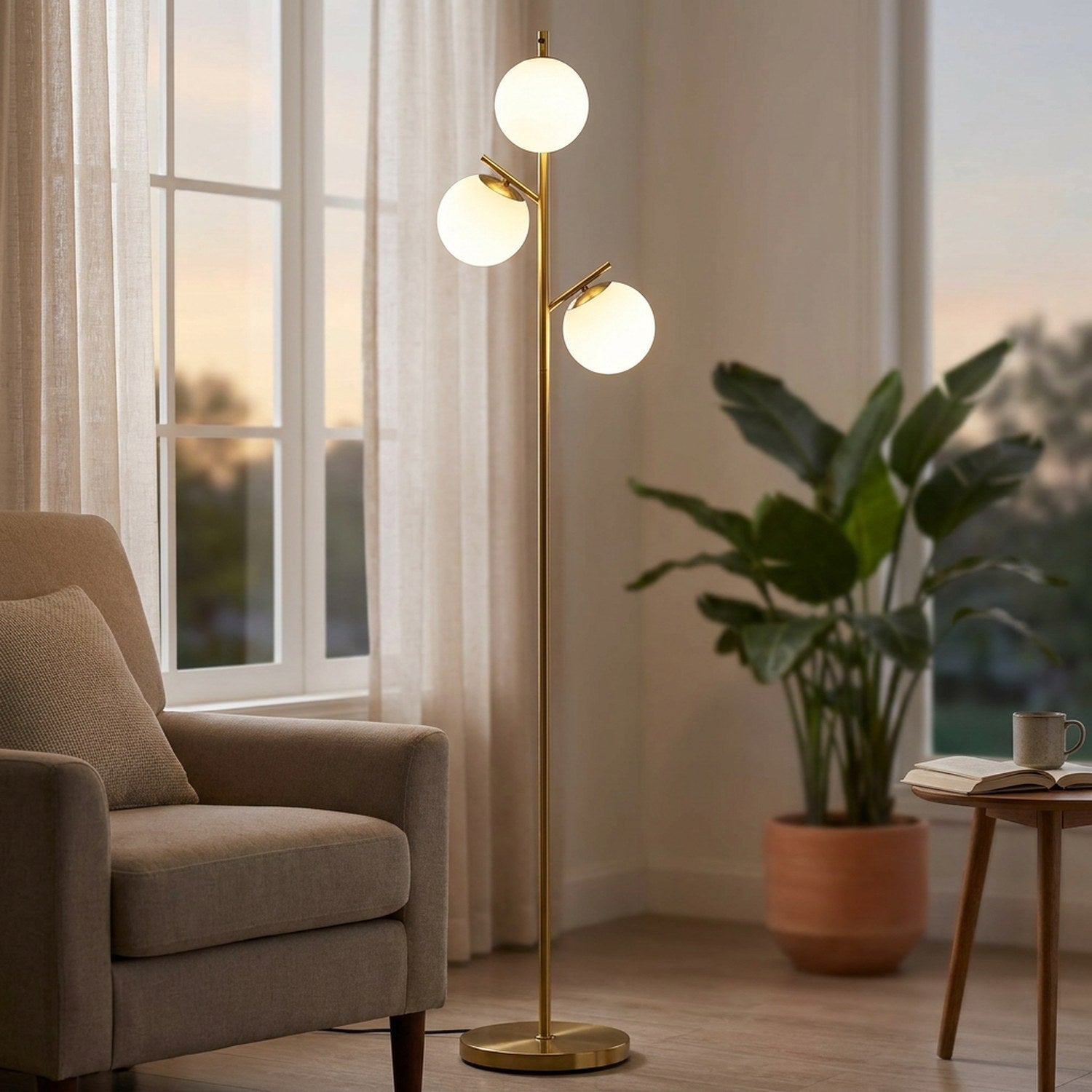 Lampadaire doré allumé pres d'un fauteuil de lecture devant une fenetre