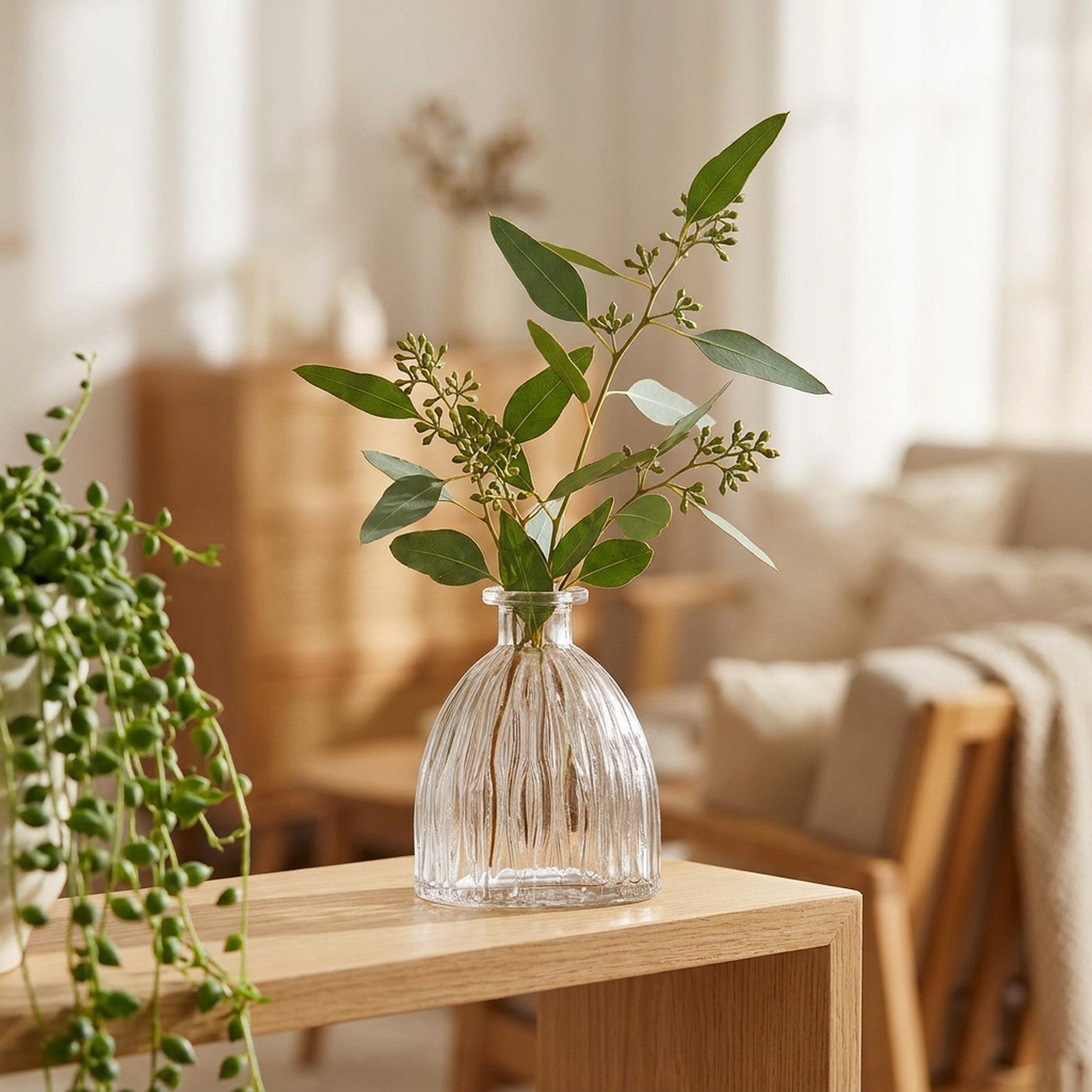 Vase en verre vintage à fines rainures avec des branches d eucalyptus sur une étagère en bois dans un salon lumineux