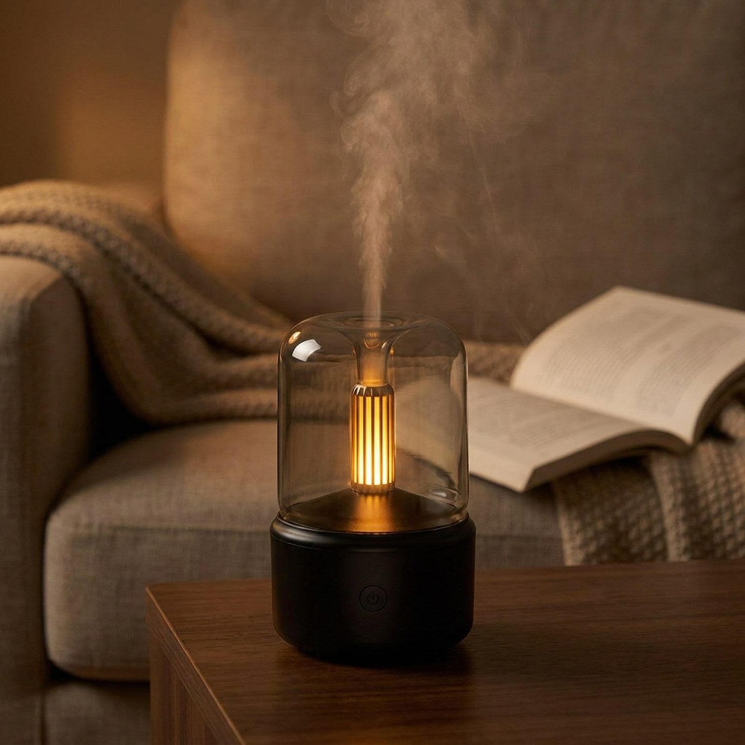Diffuseur d'huile essentielle effet flamme sur une table de salon près d'un canapé
