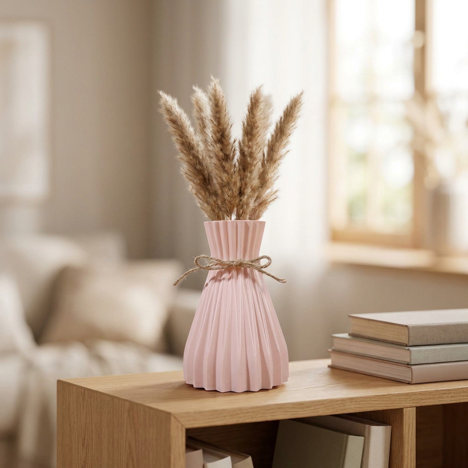 Vase origami plissé rose avec des fleurs séchées sur une étagère avec des livres