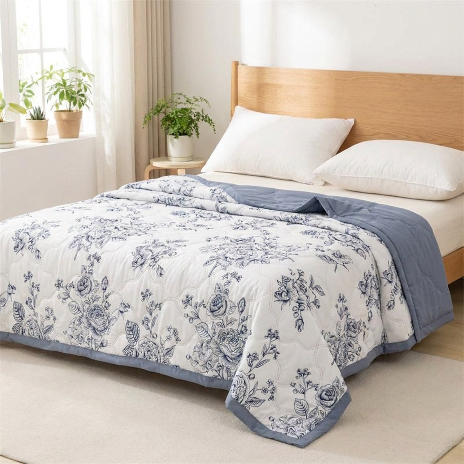 Couette d'été fleurie sur un lit en chambre scandinave lumineuse avec plantes vertes