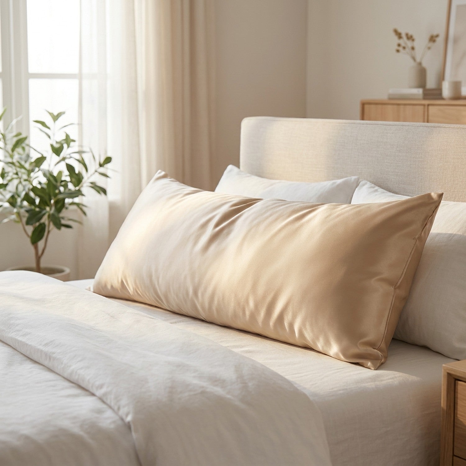 Taie d'oreiller traversin en satin beige sur un lit dans une chambre scandinave lumineuse
