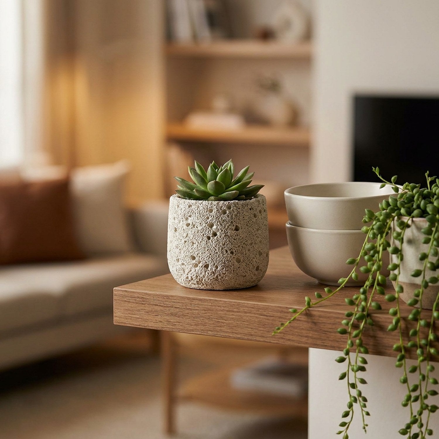 Cache-pot en ciment avec succulente sur une étagère en bois dans un salon cosy