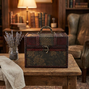 Boîte à bijoux ancienne en bois sur un bureau avec lavande séchée et ambiance bibliothèque