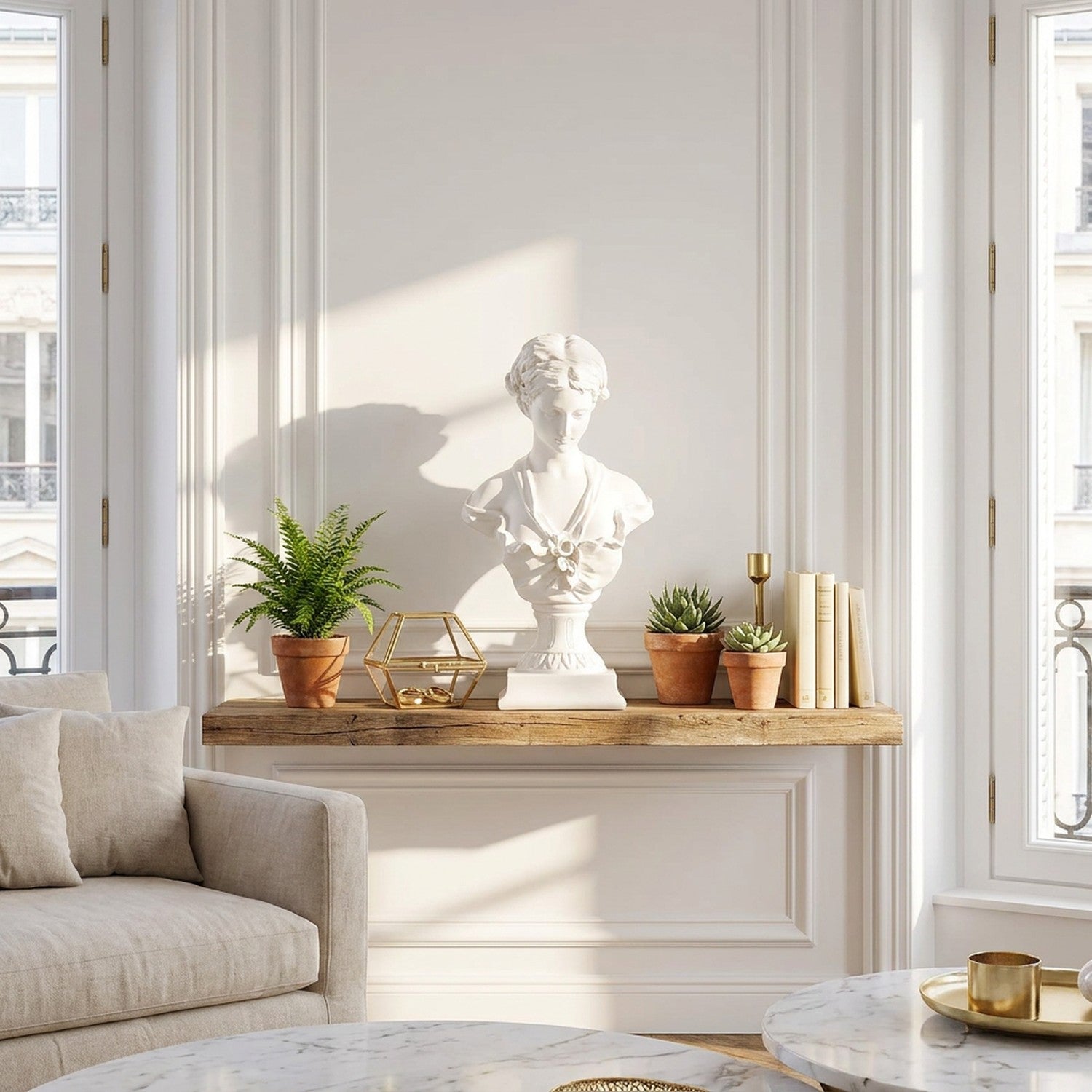 Buste de Vénus blanc sur console en bois dans salon parisien lumineux avec plantes
