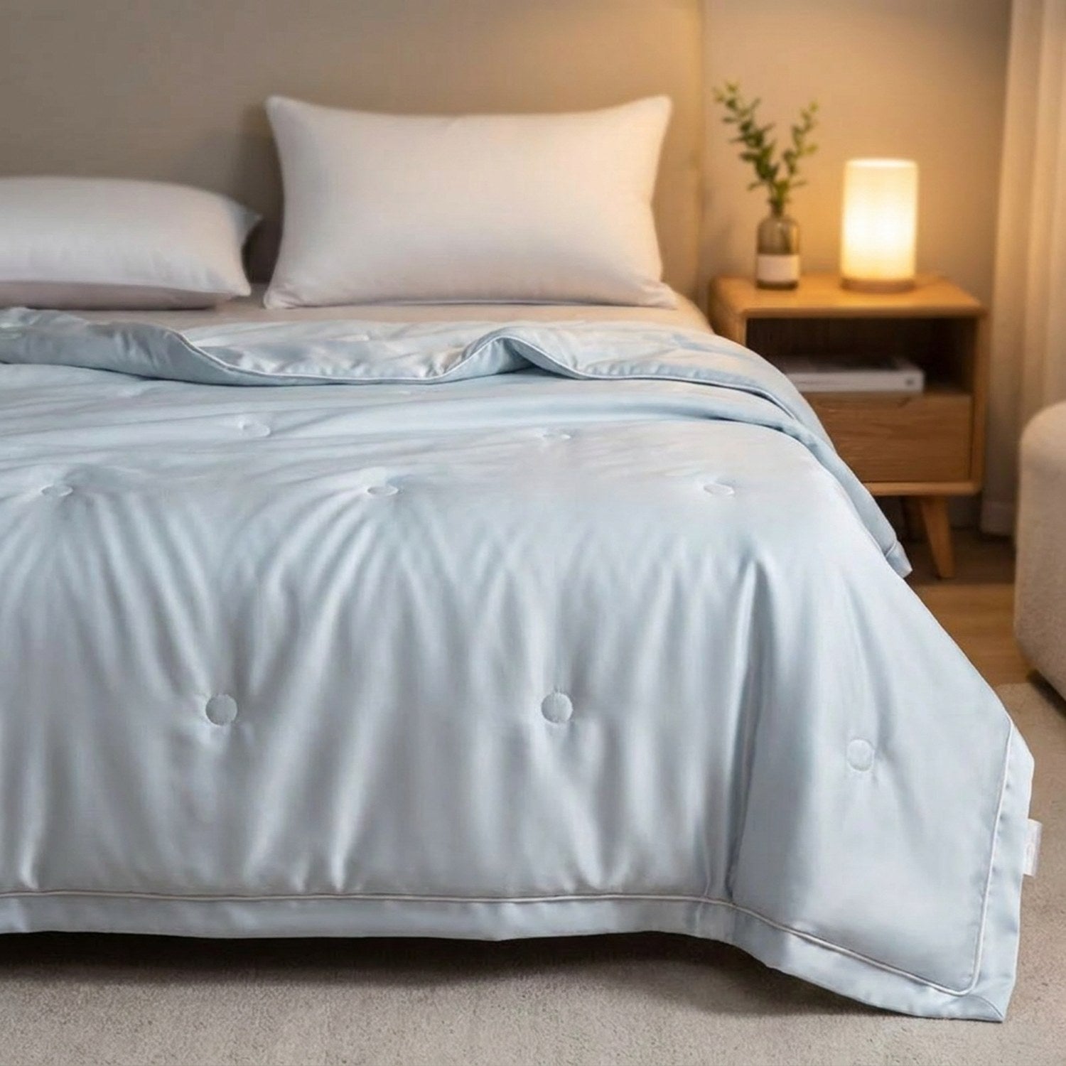 Couette d'été bleue en soie glacée sur un lit dans une chambre moderne avec lampe de chevet
