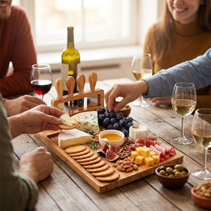 Plateau à fromage en bambou au centre d une table d apéritif entre amis