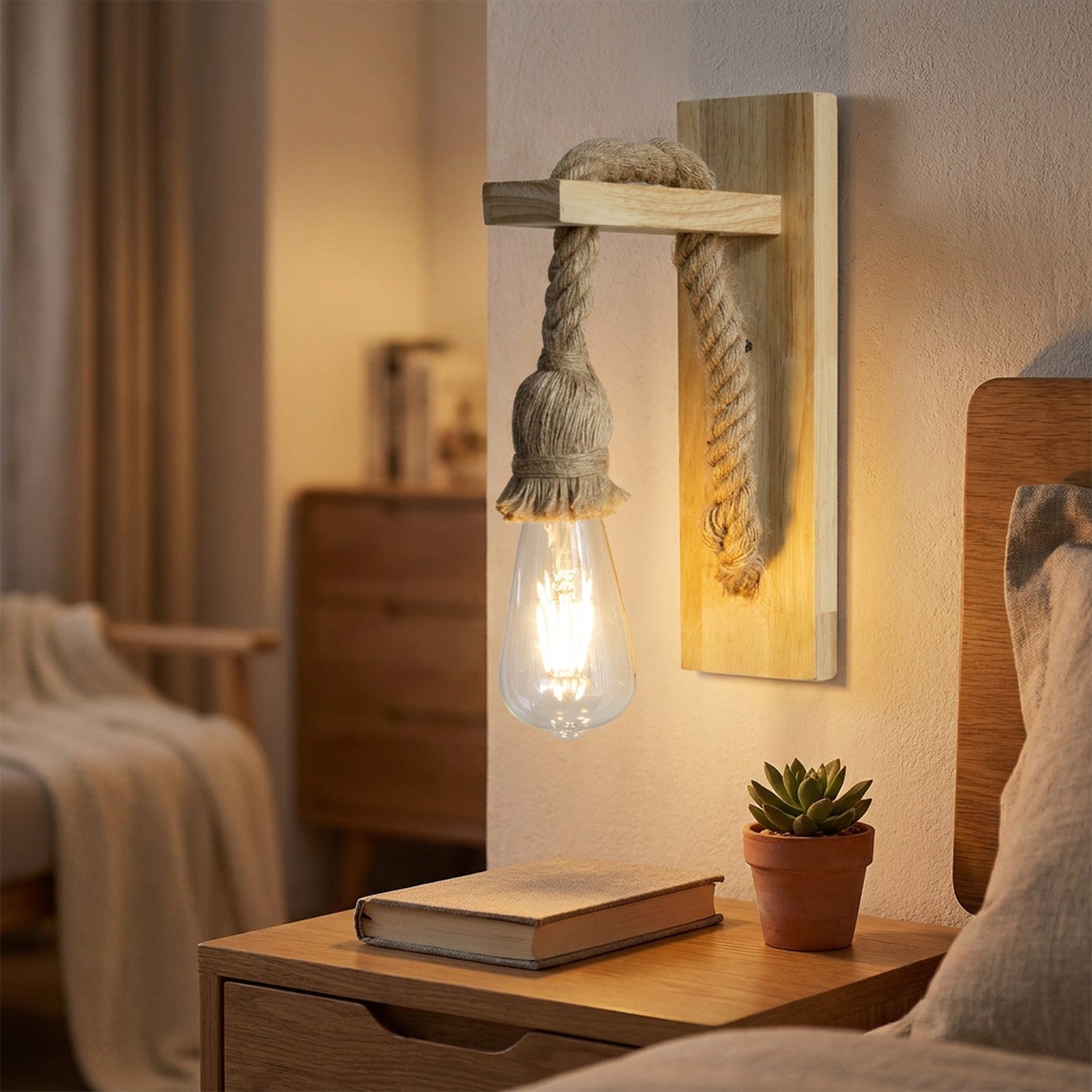 Applique murale en bois et corde allumée au-dessus d'une table de chevet dans une chambre