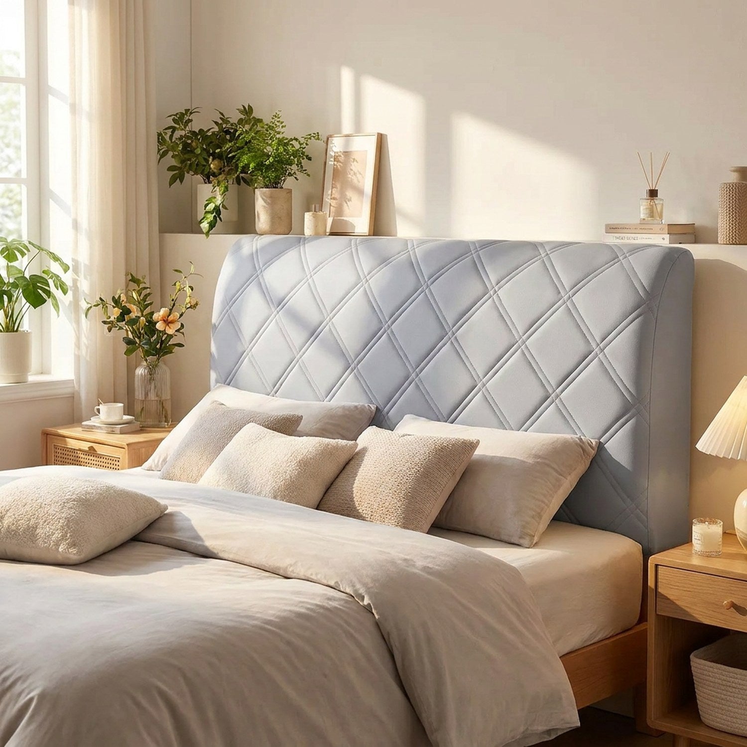 Housse de tête de lit grise dans une chambre lumineuse avec plantes et coussins