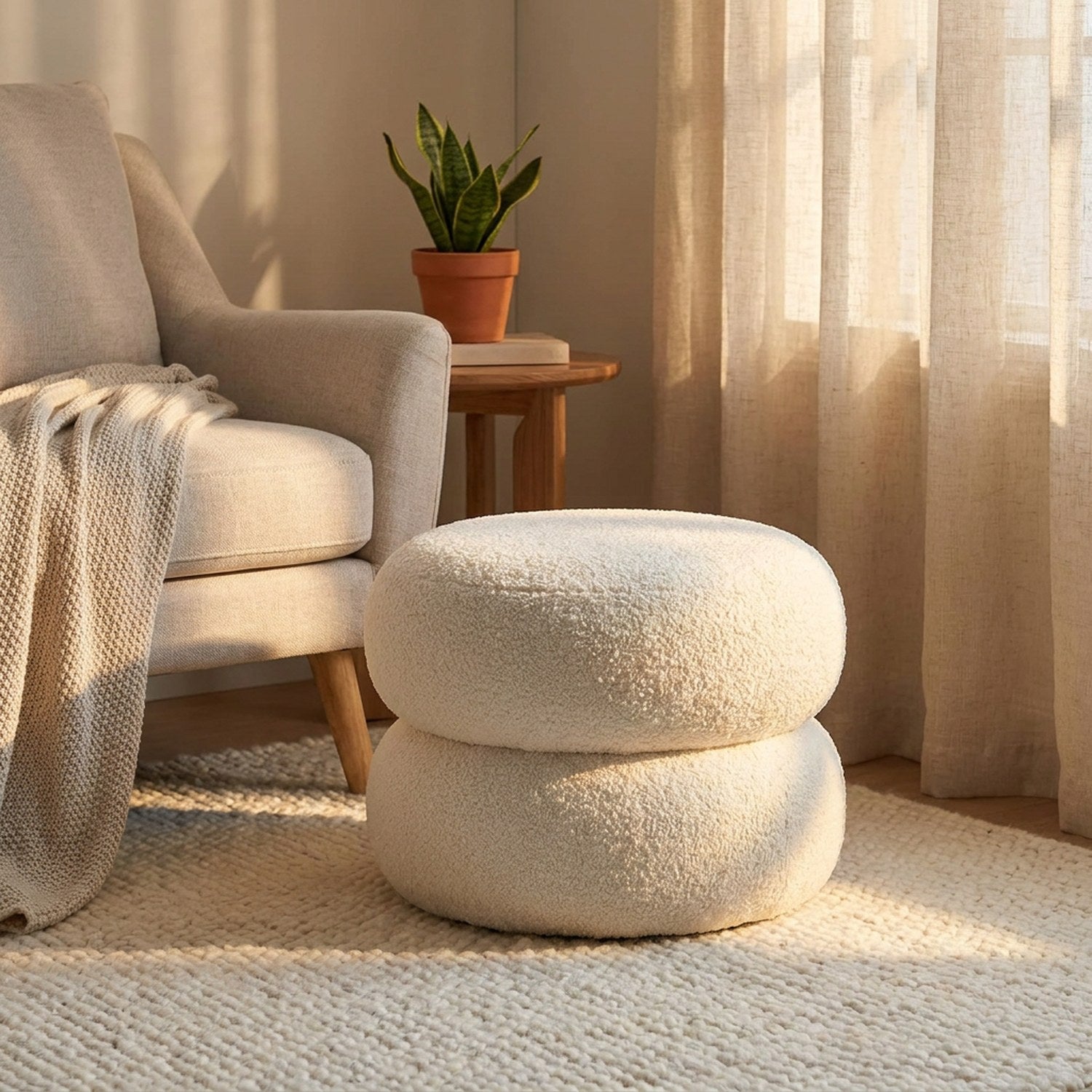 Pouf rond blanc dans un coin lecture cocooning avec plante et fauteuil