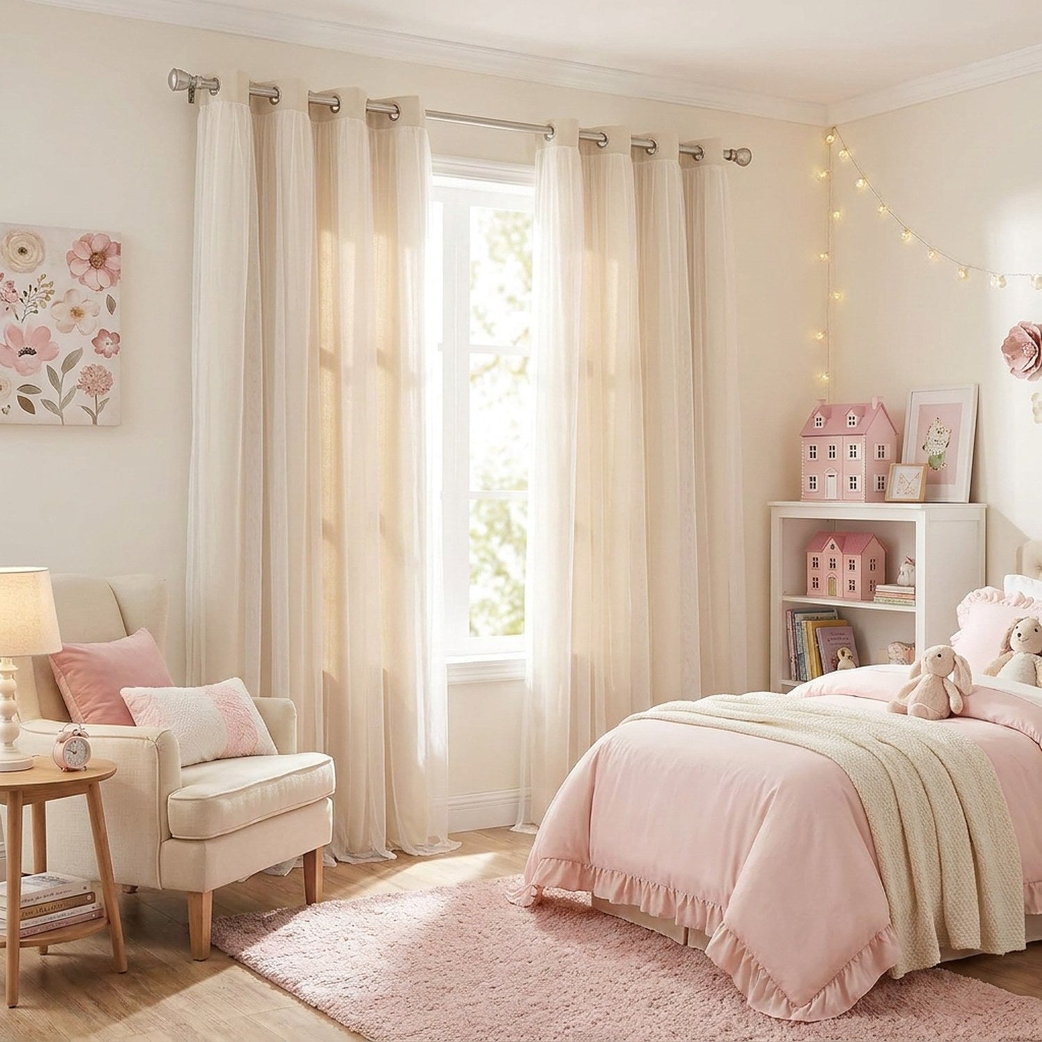 Rideau occultant beige suspendu devant une fenêtre dans une chambre de fille pastel