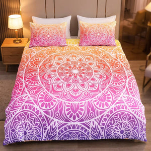 Parure de lit bohème mandala dégradé dans une chambre moderne avec table de chevet et lampe