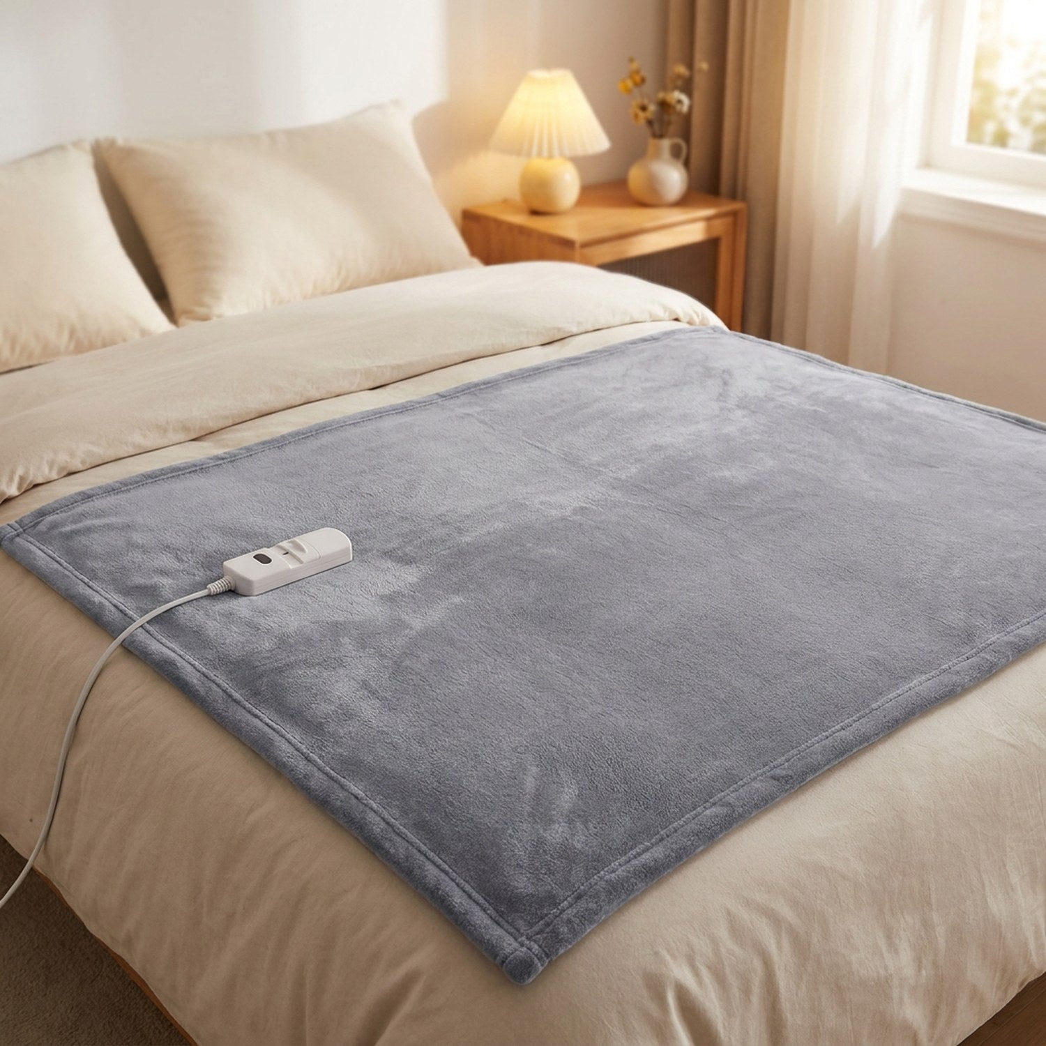 Couverture chauffante grise déployée sur un lit une place dans une chambre cosy