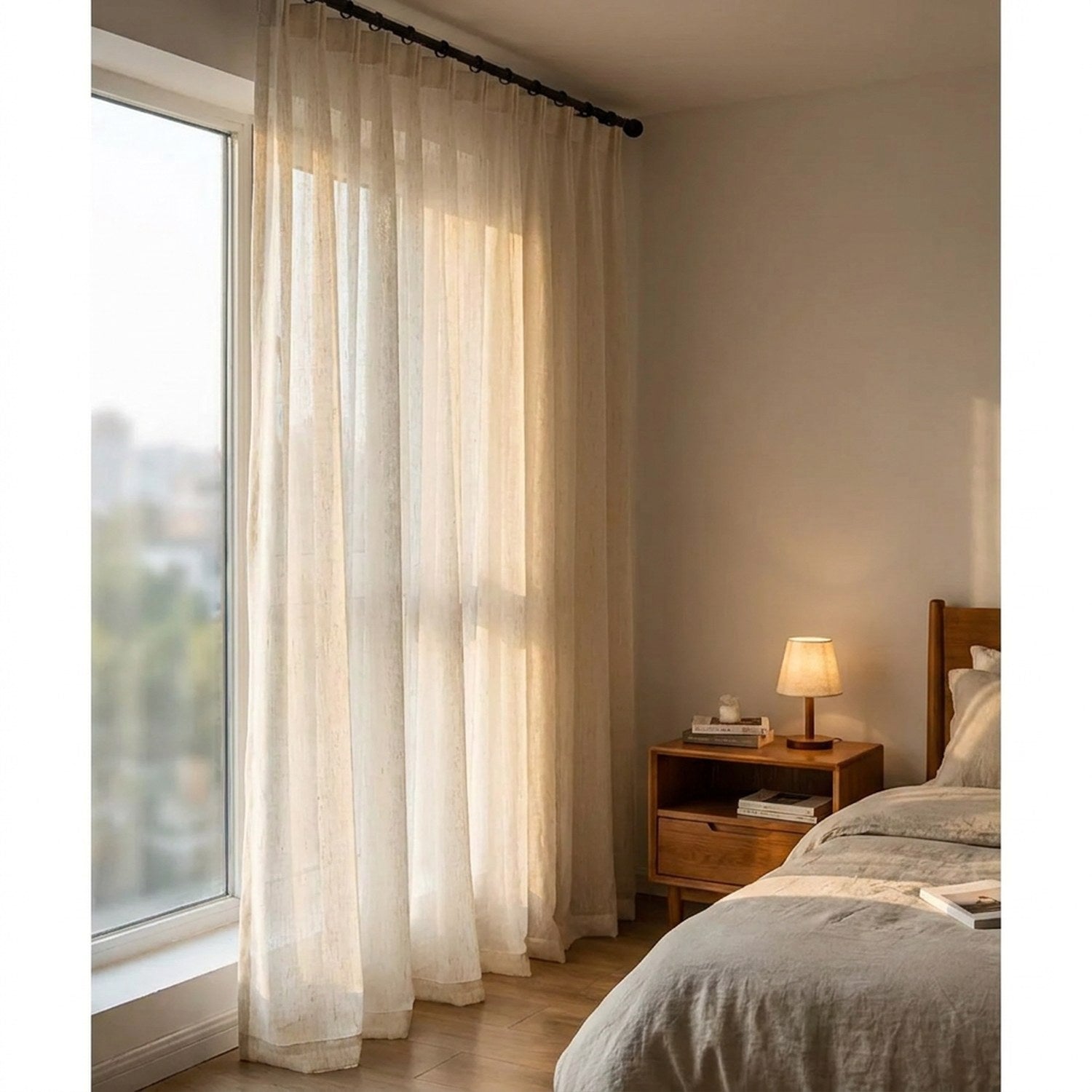 Voilage blanc suspendu dans une chambre lumineuse près du lit