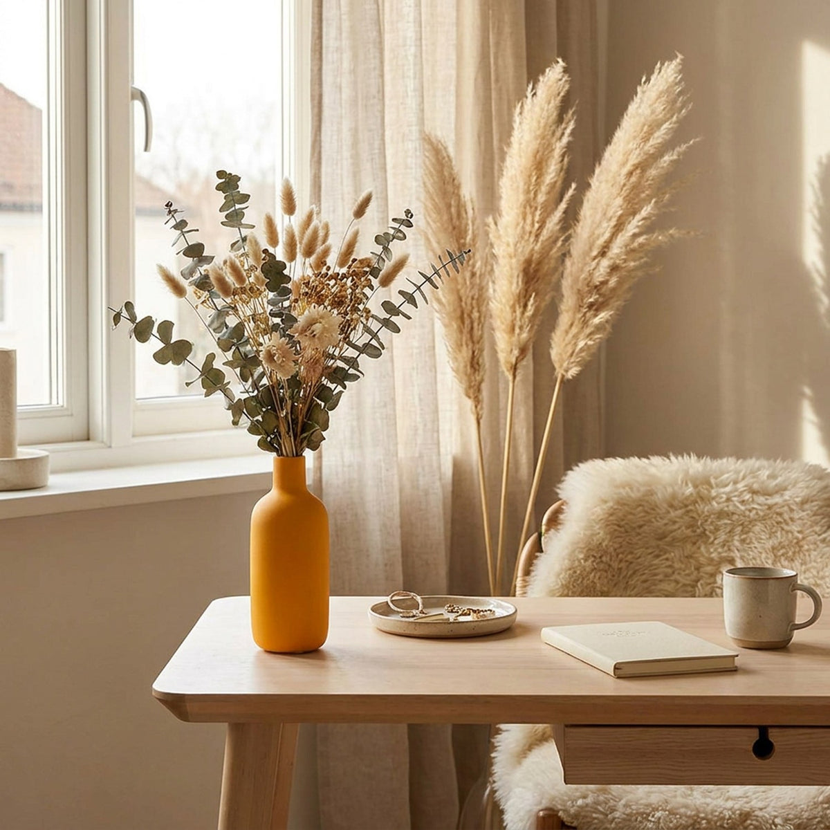 Vase céramique boho jaune avec fleurs séchées décoration bureau