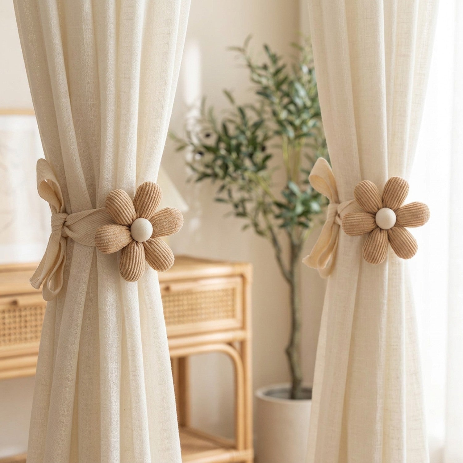 Lot de deux attaches rideau fleur beige sur des rideaux creme dans un salon lumineux avec olivier