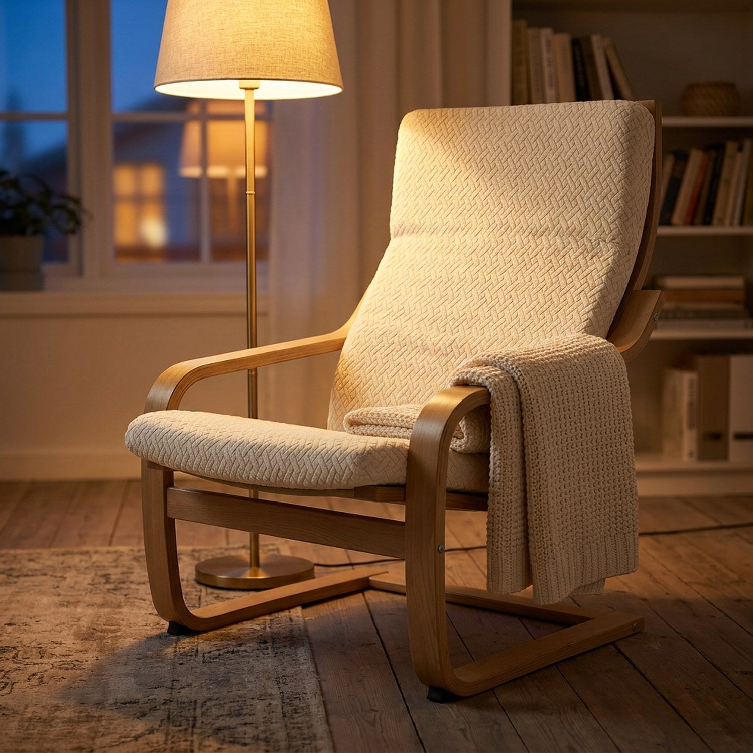 Housse de fauteuil beige dans un coin lecture cosy avec lampadaire allumé et plaid tricoté