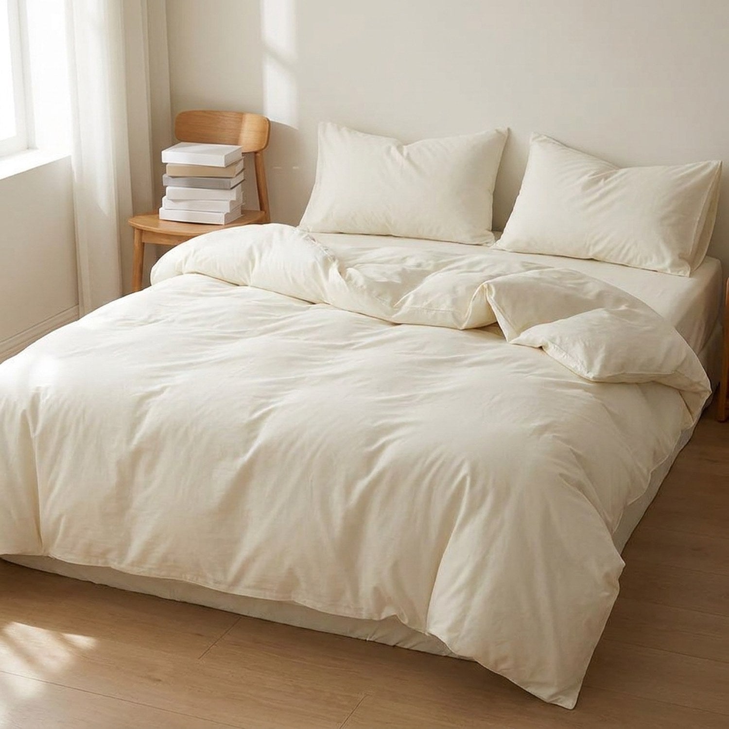 Parure de lit blanche dans une chambre lumineuse avec chaise en bois