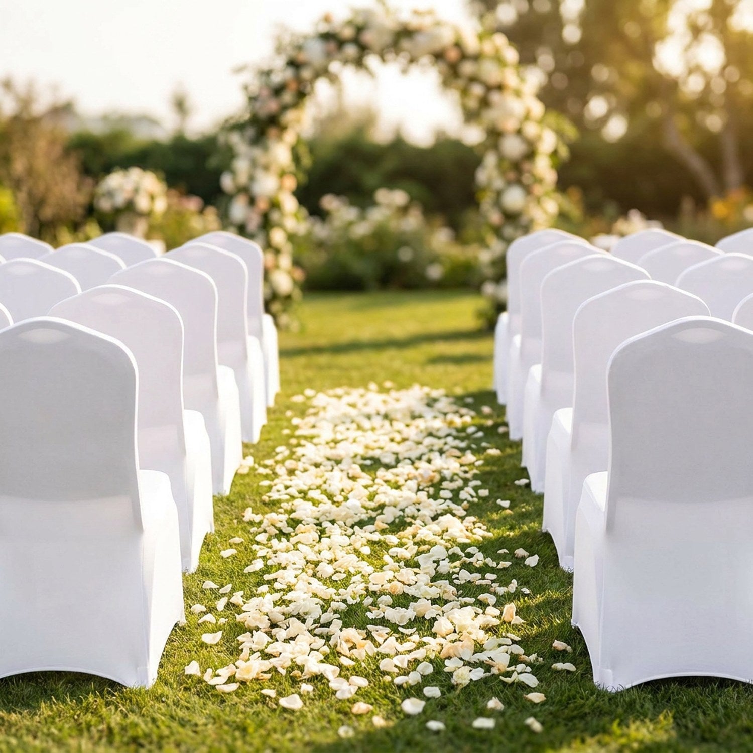 Rangées de chaises habillées de blanc de part et d'autre d'une allée de cérémonie extérieure fleurie