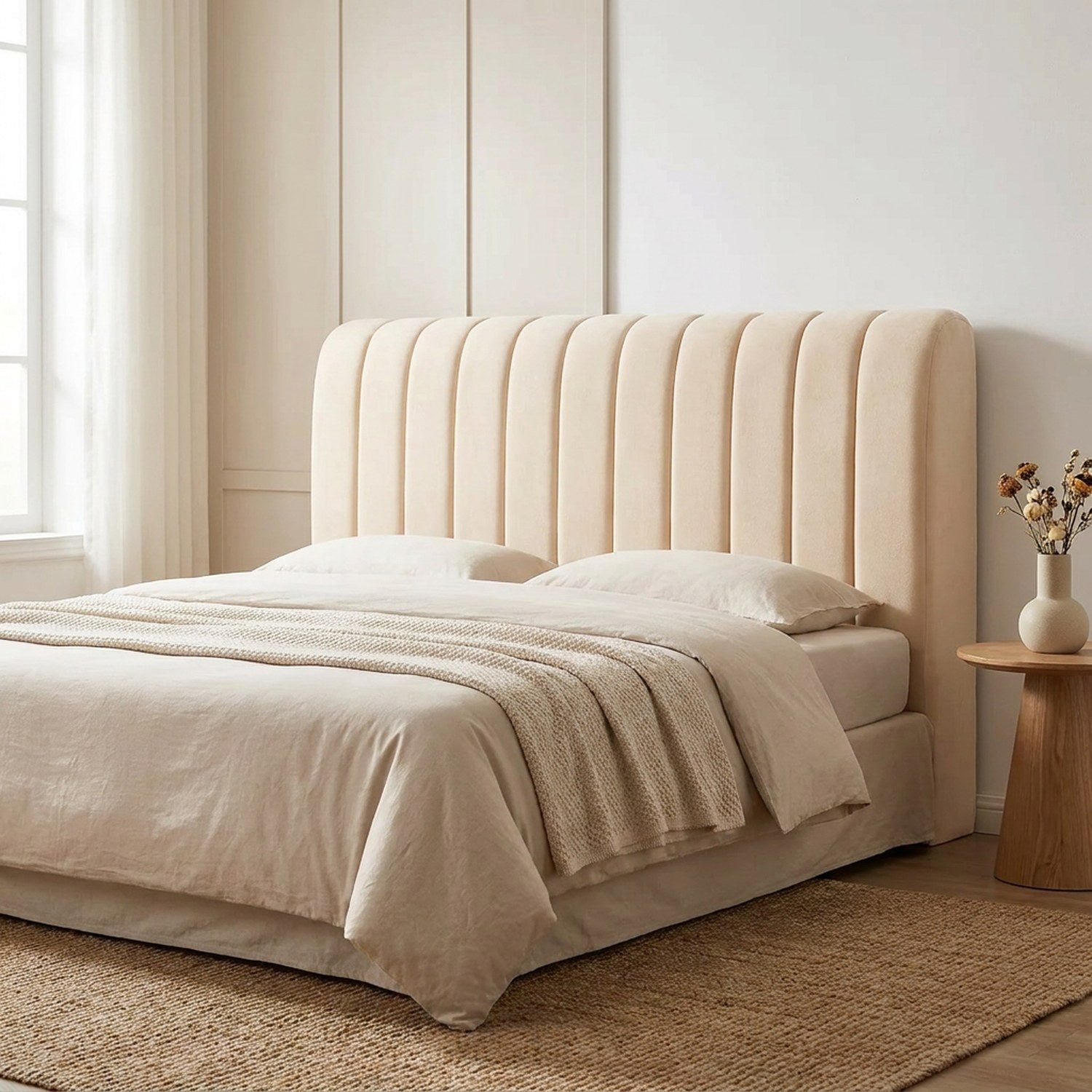 Housse de tête de lit beige capitonnée dans une chambre scandinave avec tapis en jute et guéridon en bois