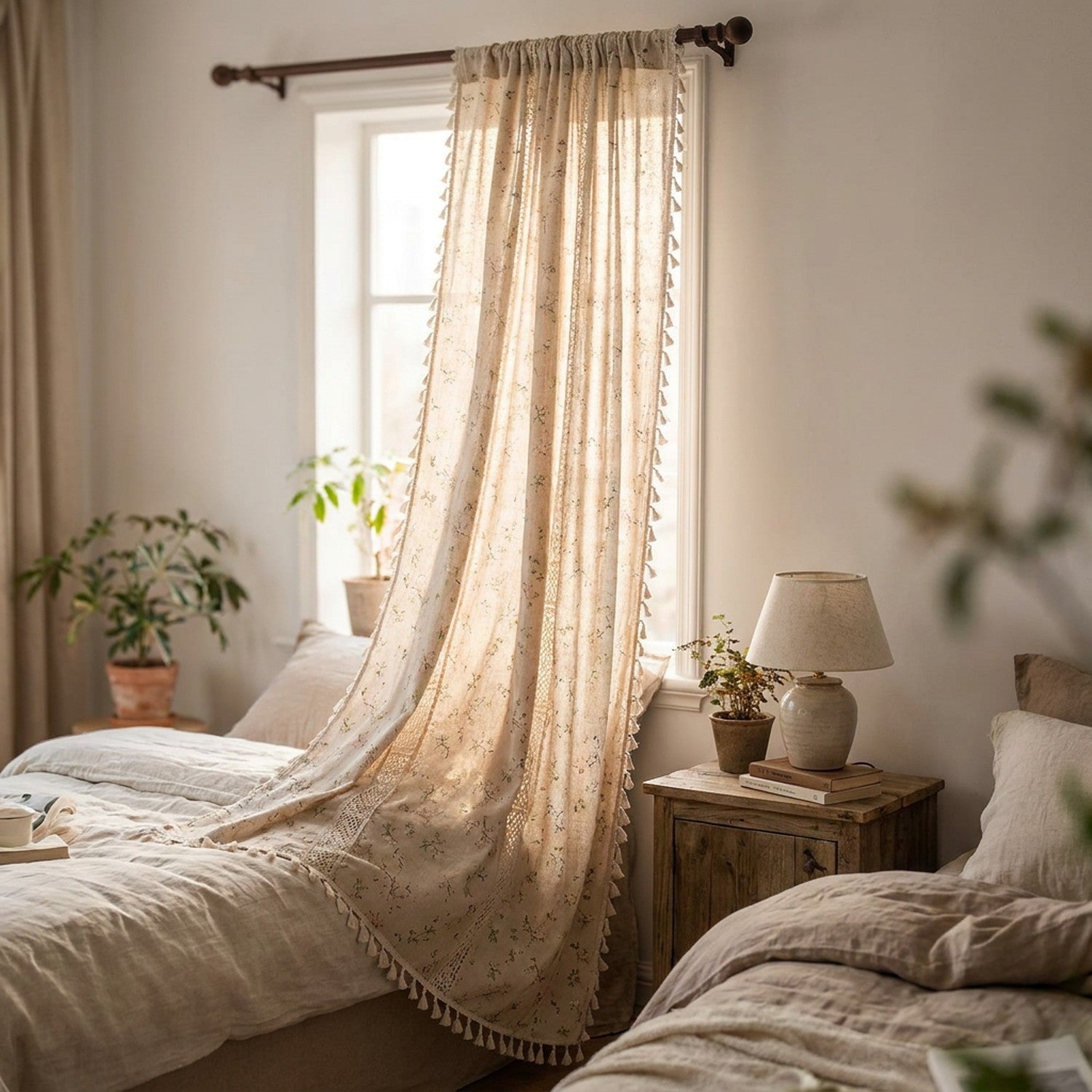 Rideau boho floral en lin et coton devant une fenêtre de chambre chaleureuse