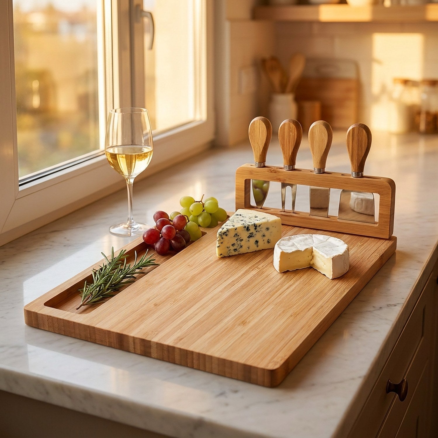 Plateau à fromage en bambou sur un plan de travail en marbre avec fromages et verre de vin