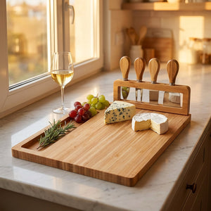Plateau à fromage en bambou sur un plan de travail en marbre avec fromages et verre de vin