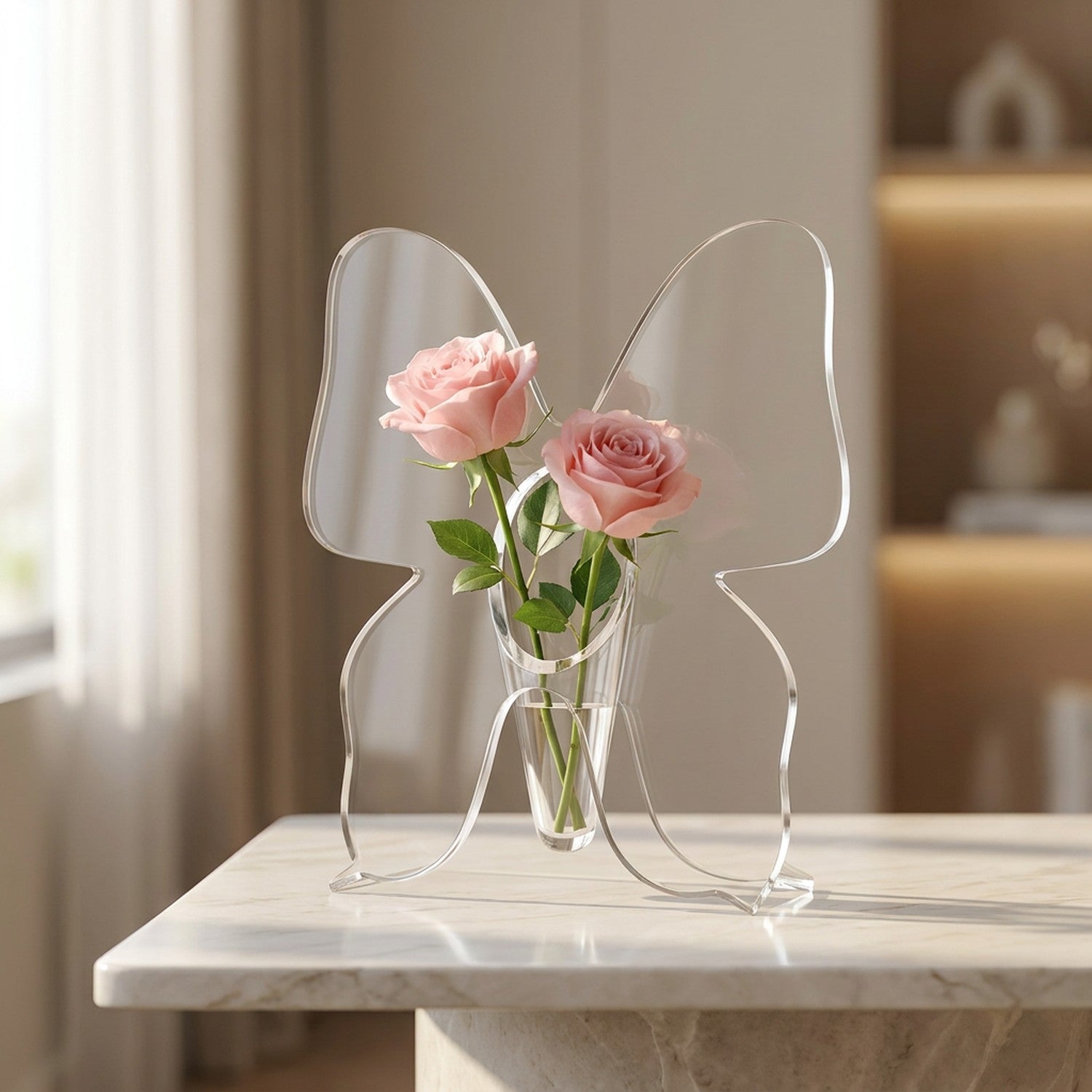 Vase à fleurs en acrylique transparent en forme de papillon avec des roses sur une table en marbre