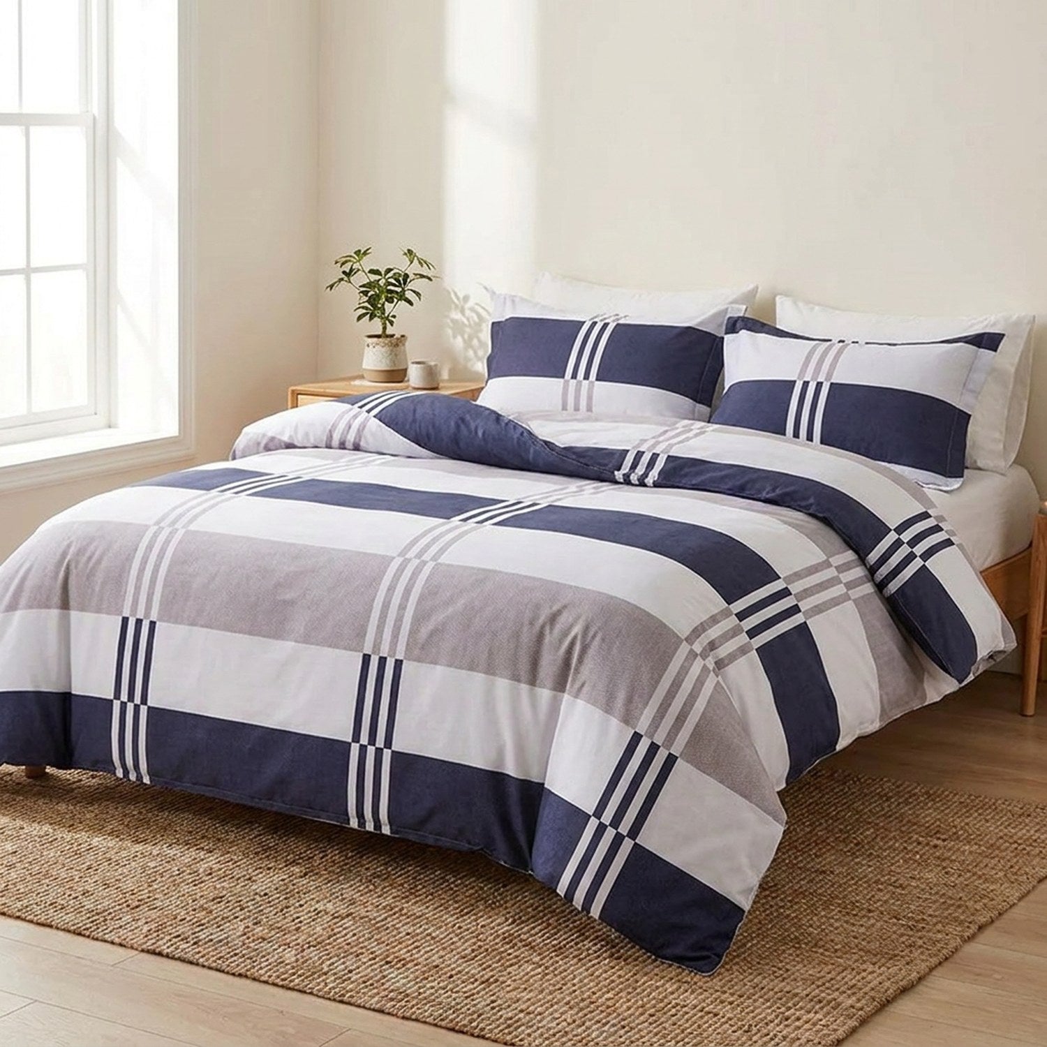Housse de couette à carreaux marine dans une chambre scandinave avec tapis en jute
