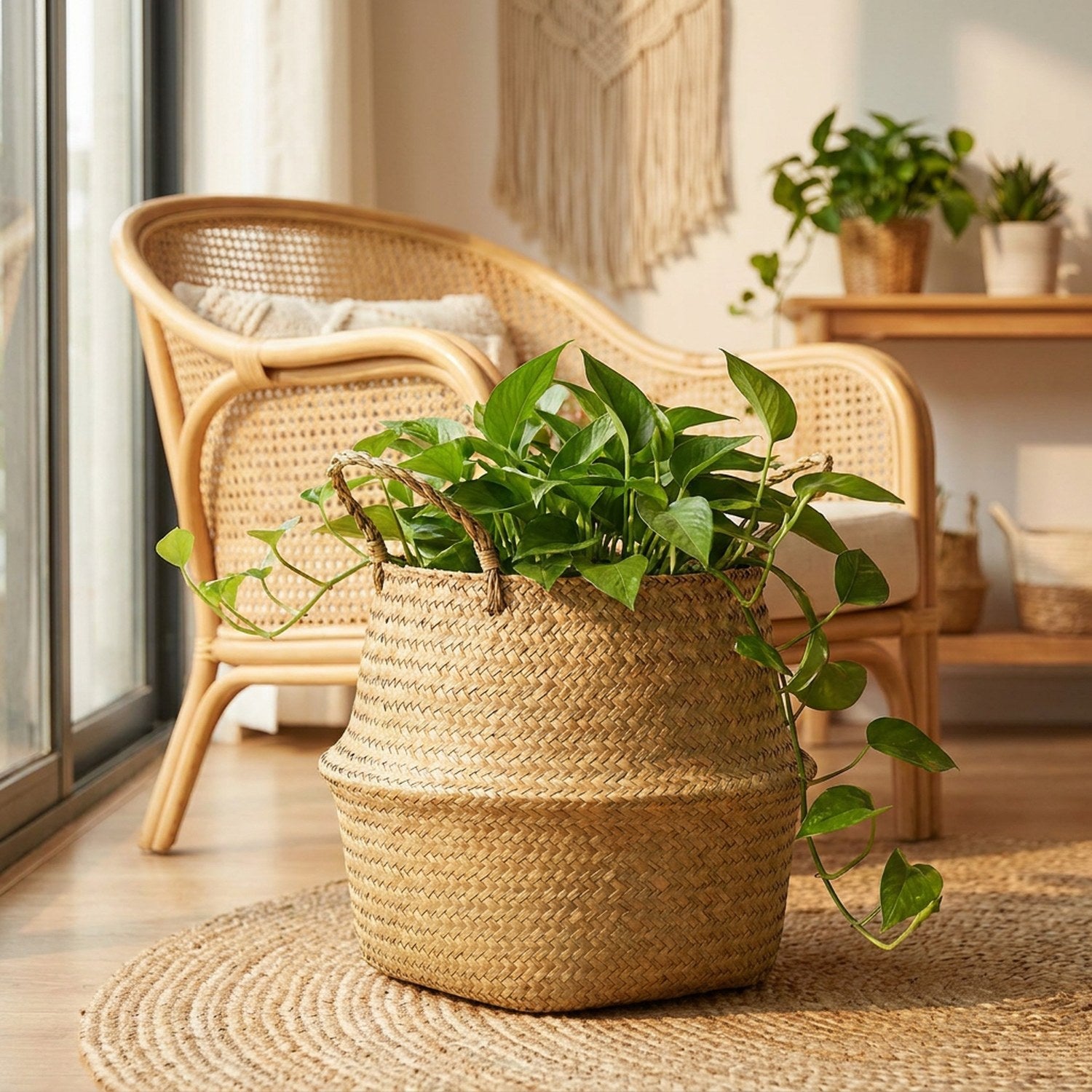 Panier cache-pot en jonc de mer avec un pothos retombant près d'un fauteuil en rotin