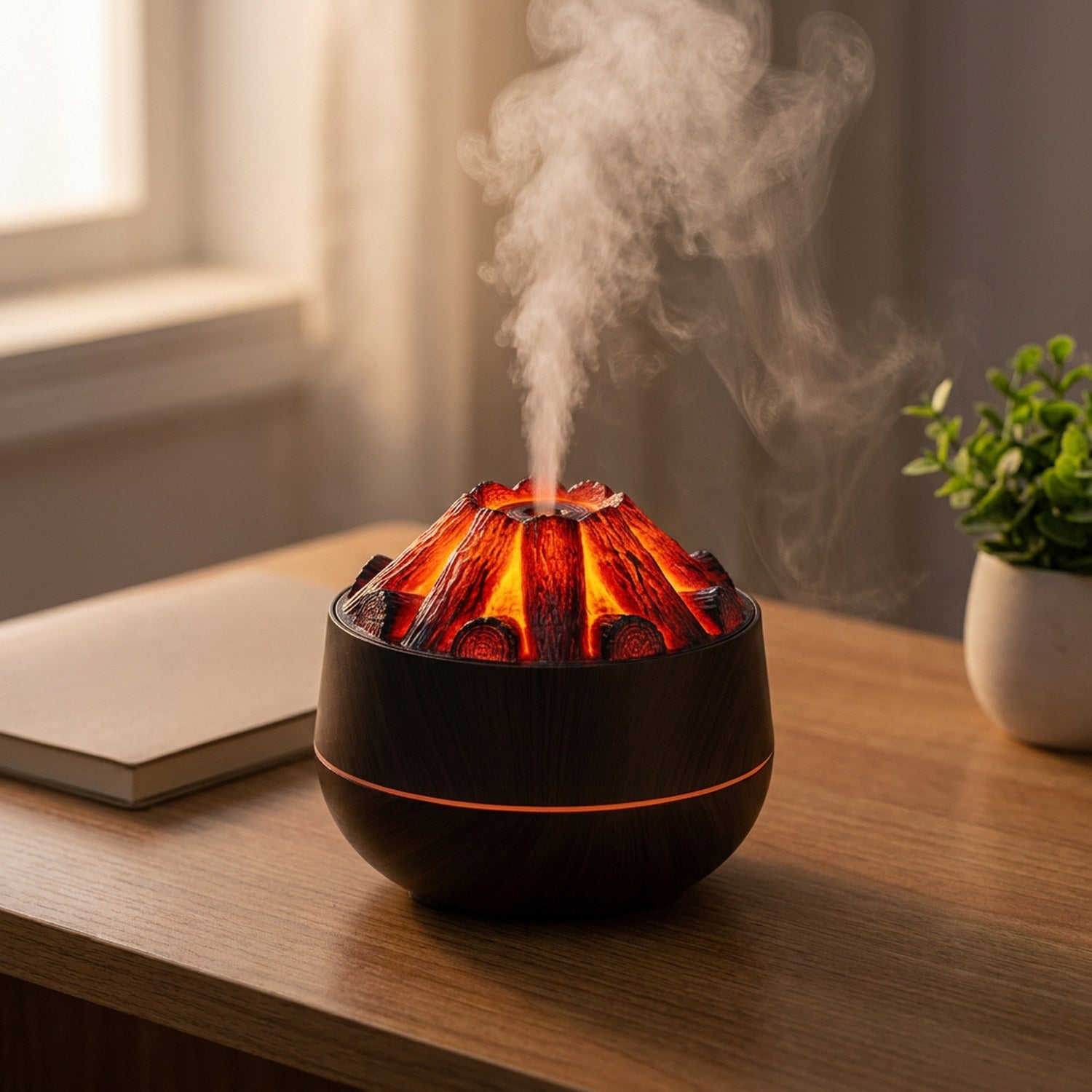 Humidificateur volcan diffusant une brume sur un bureau près d'une fenêtre
