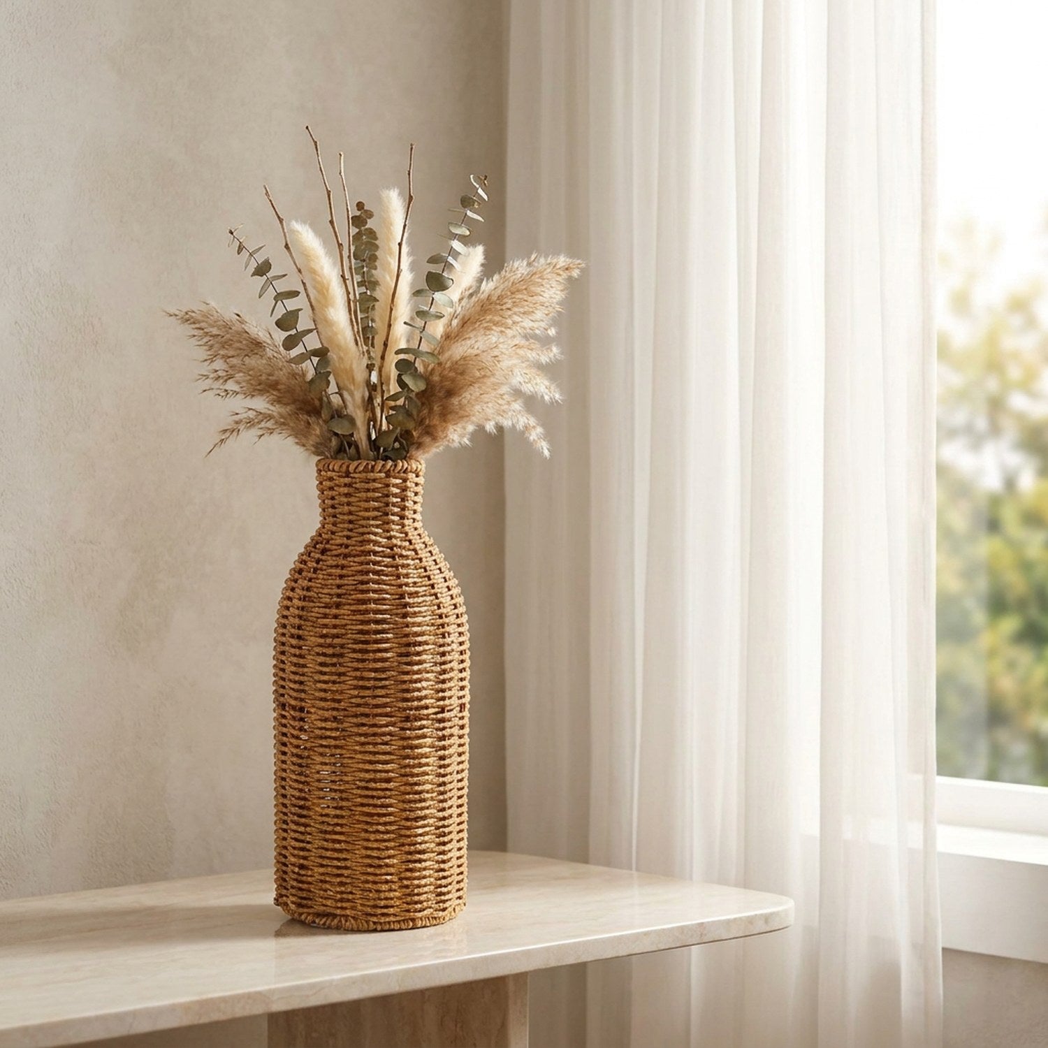 Vase en rotin tressé sur une console en marbre devant un voilage clair