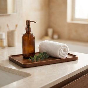 Plateau en bois de noyer en vide-poche de salle de bain avec distributeur et serviette