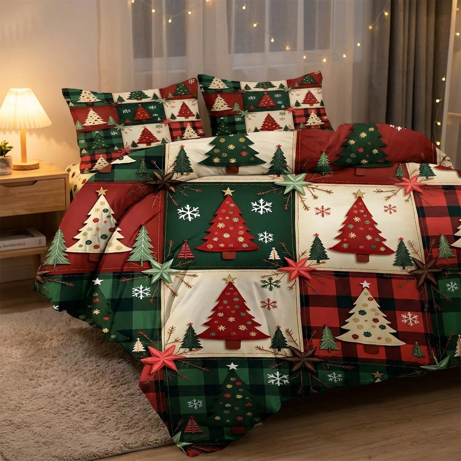Housse de couette de Noël dans une ambiance chaleureuse aux guirlandes lumineuses