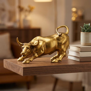 Statue taureau doré sur une étagère en bois avec des livres et une plante