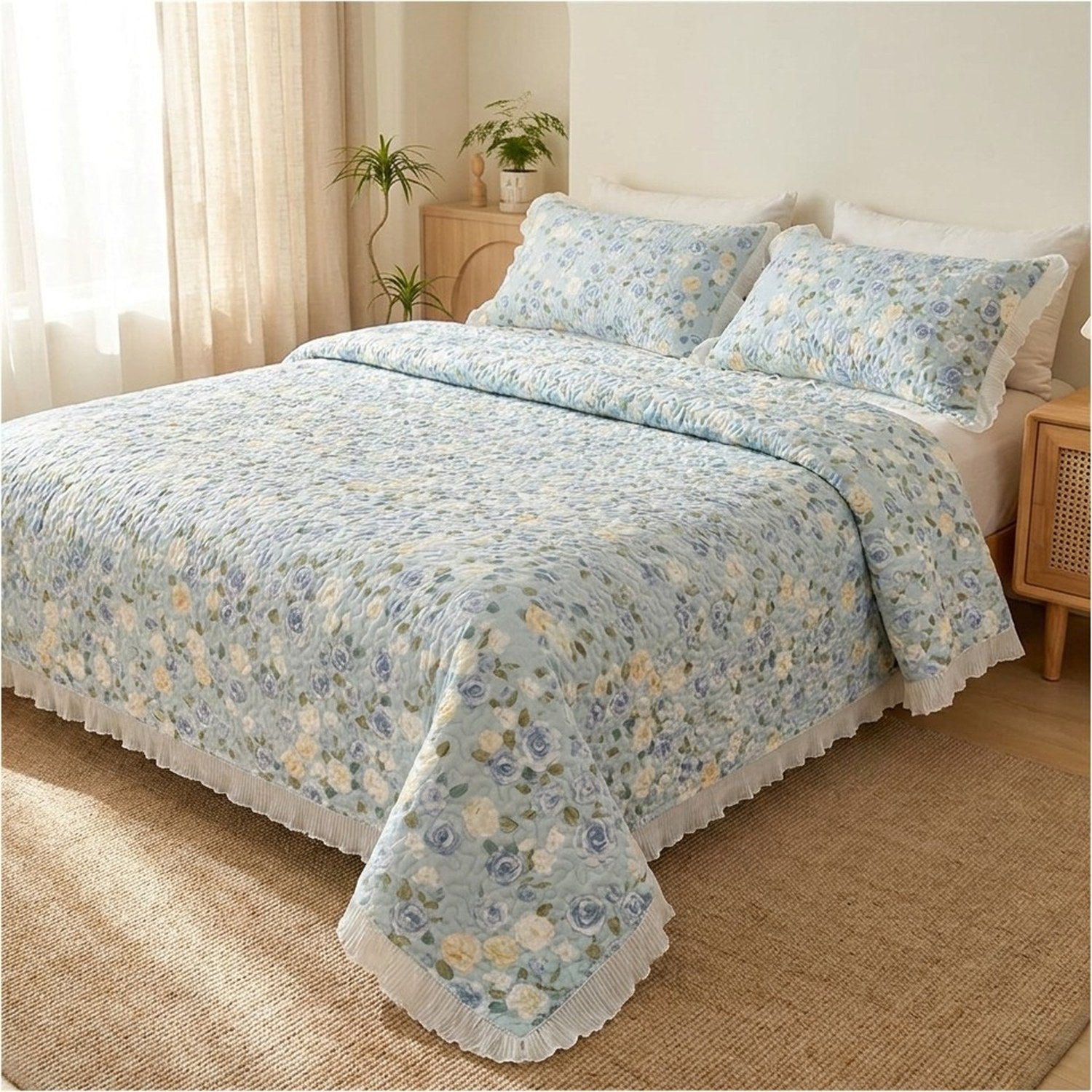 Couvre-lit matelassé fleuri bleu sur un lit près d'une fenêtre lumineuse