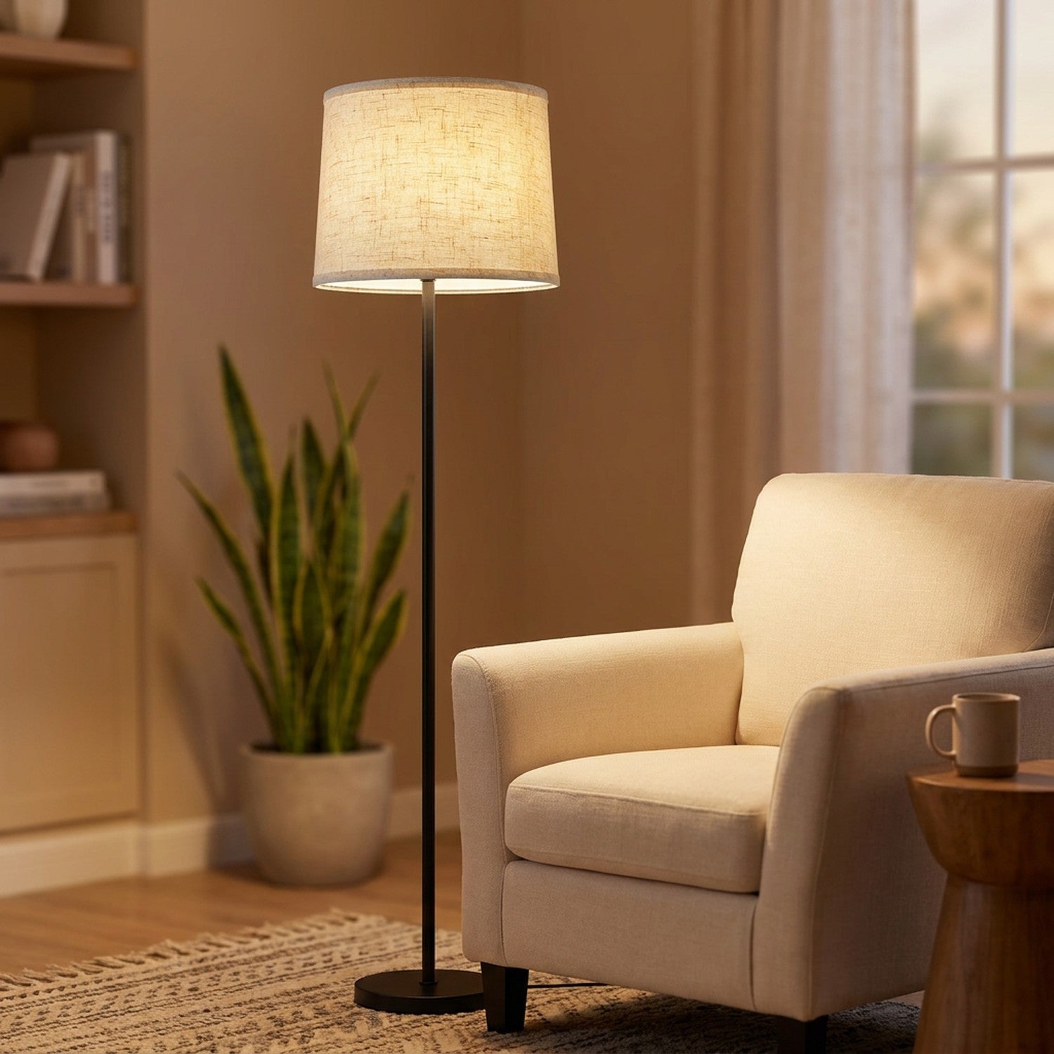 Abat-jour en lin naturel beige sur un lampadaire près d'un fauteuil