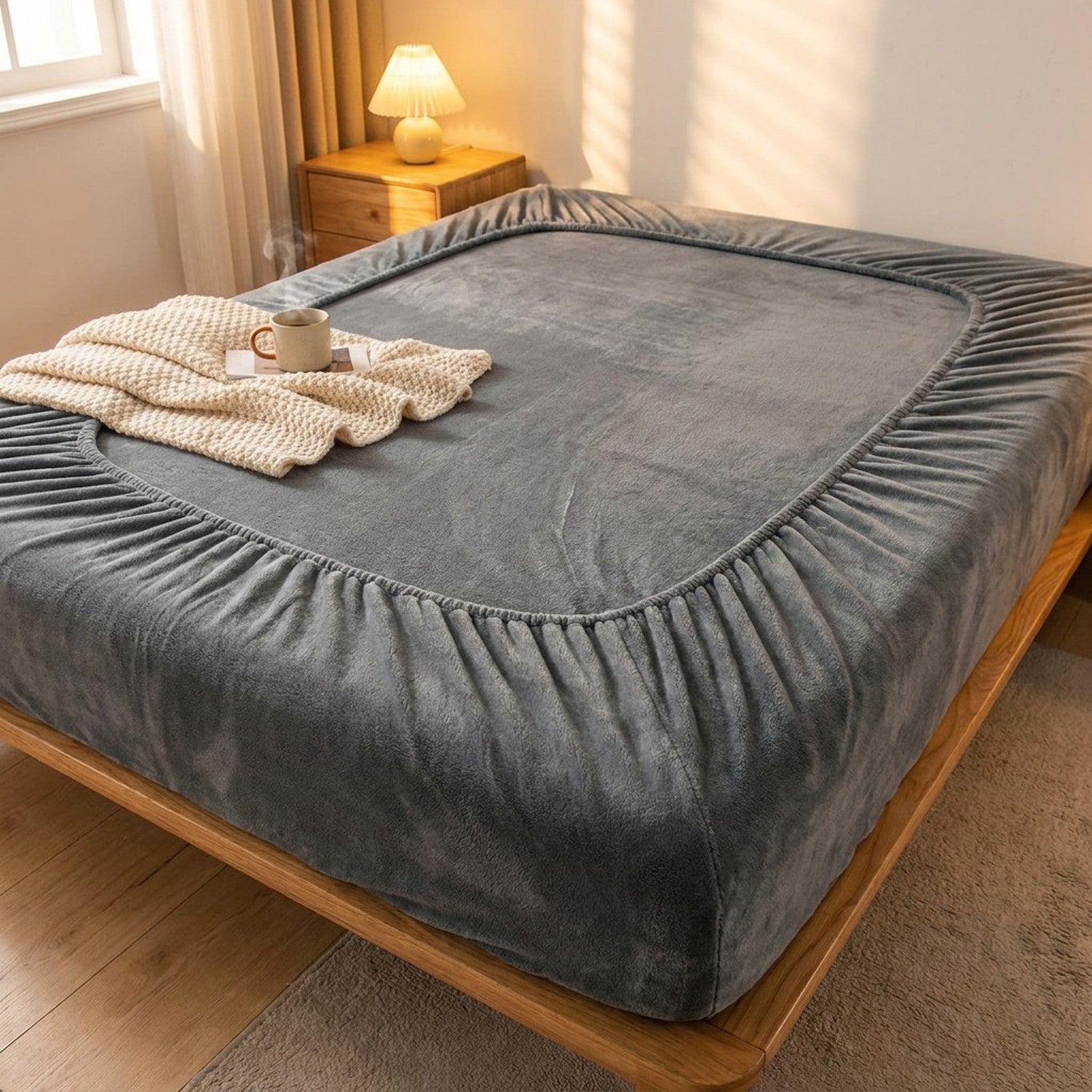 Drap-housse gris installé sur un lit dans une chambre cocooning au petit matin