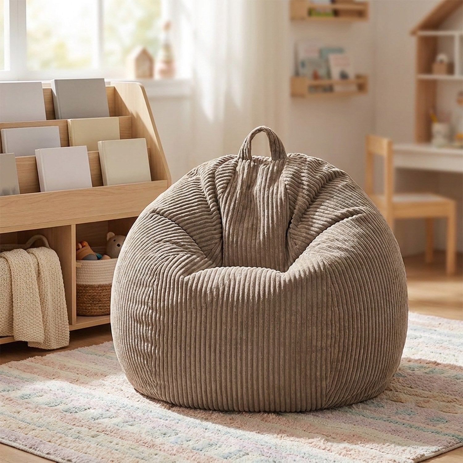 Housse de pouf poire taupe dans une chambre d enfant près d une bibliothèque