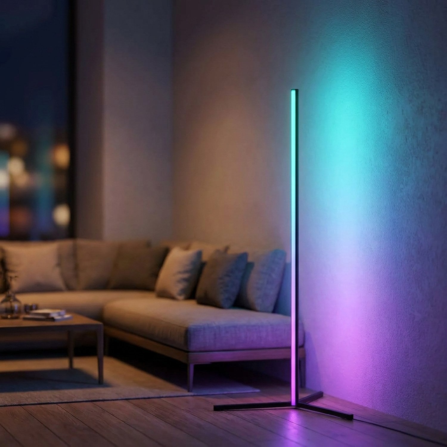 Lampadaire d angle LED RGB noir en teinte cyan et violet dans un salon