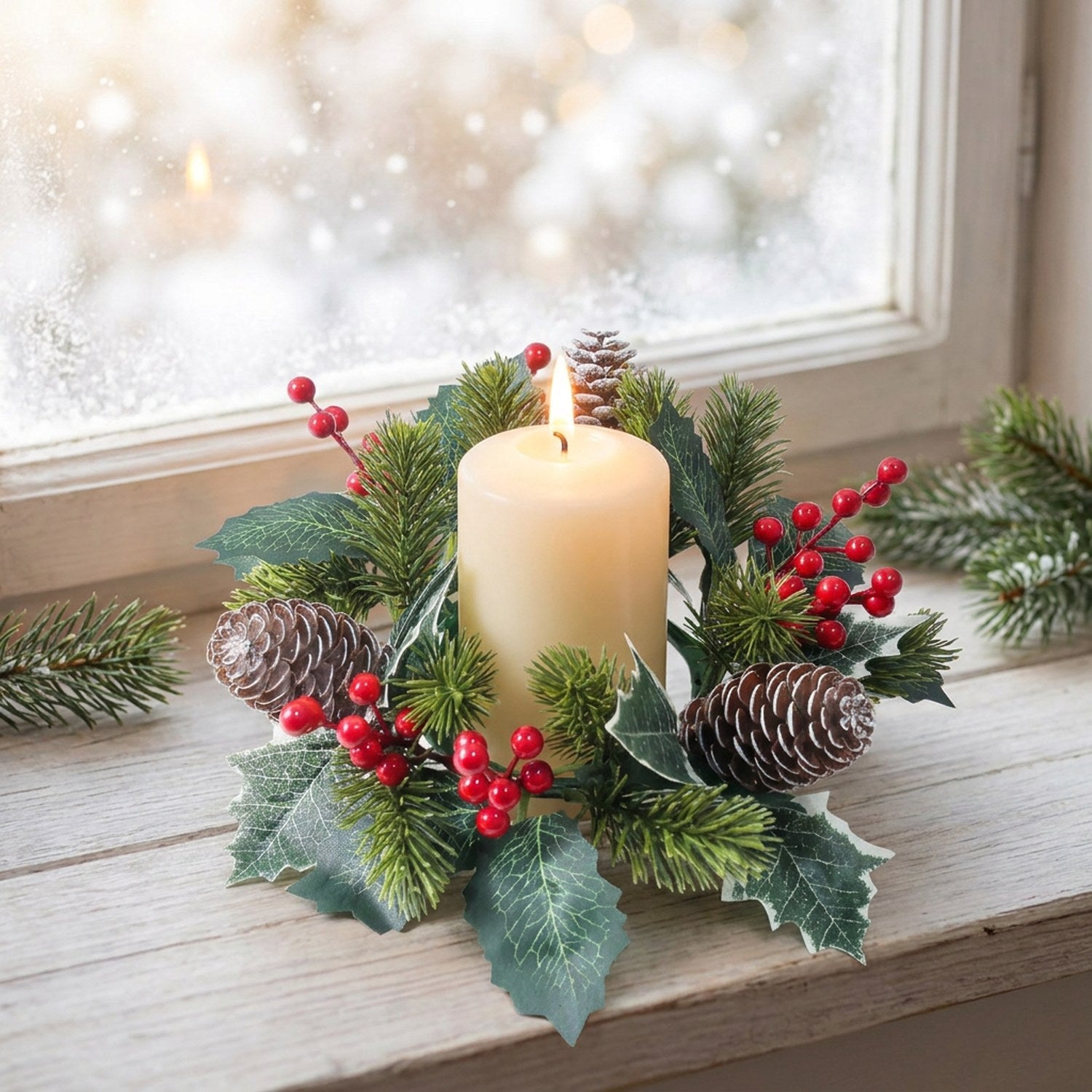 Couronne de Noël et bougie sur un rebord de fenêtre givrée en hiver