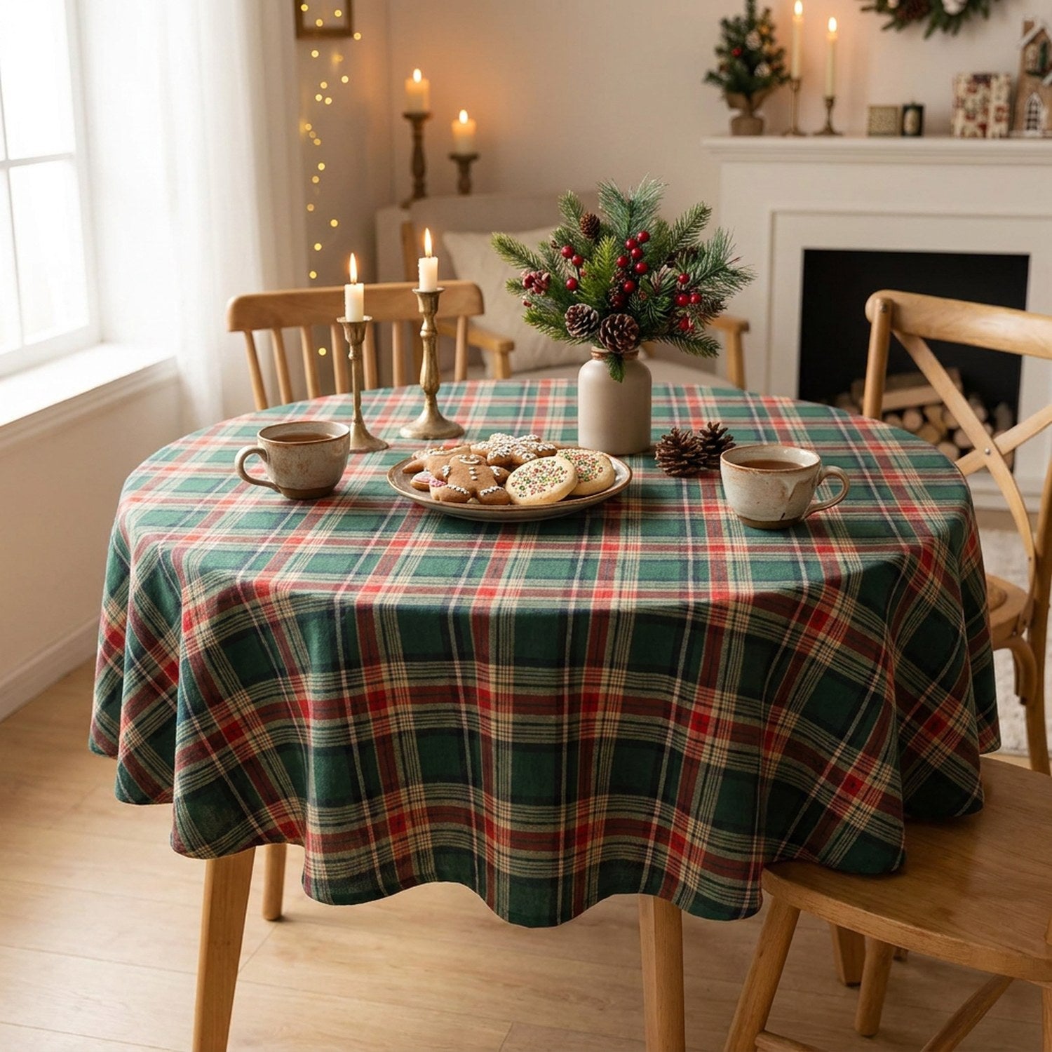 Nappe de Noël à carreaux tartan verte sur une table ronde avec des biscuits