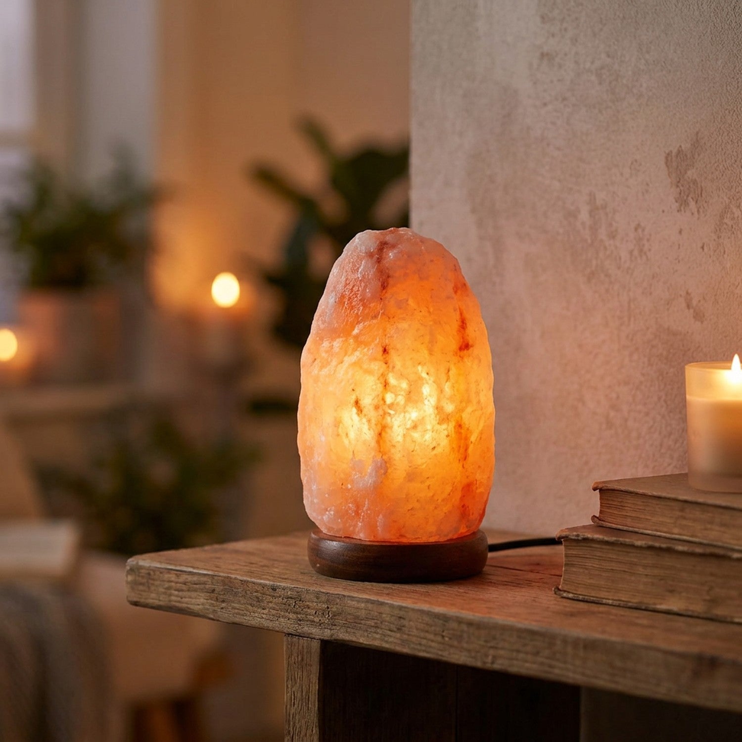 Lampe de sel de l'Himalaya allumée près de livres et d'une bougie