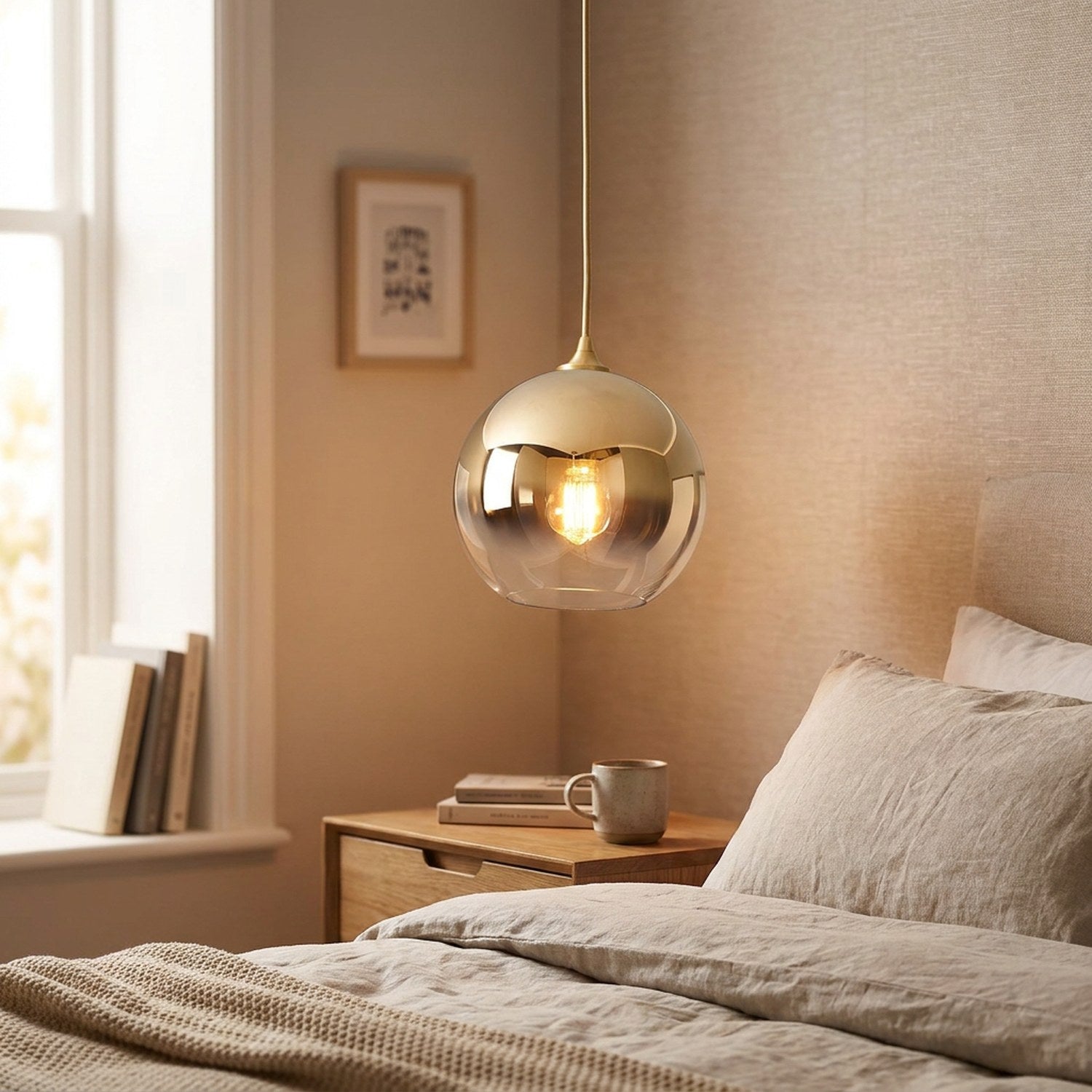 Suspension boule de verre dorée allumée près d'une table de chevet dans une chambre cosy