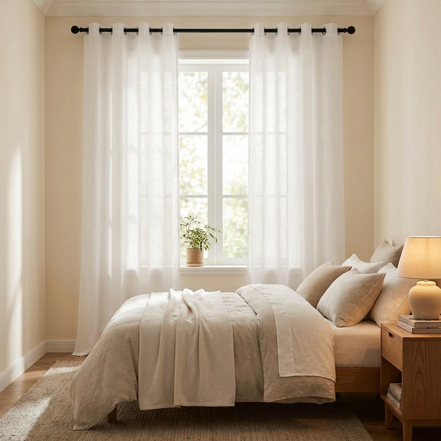 Rideaux en lin blanc dans une chambre cocooning avec lit en lin